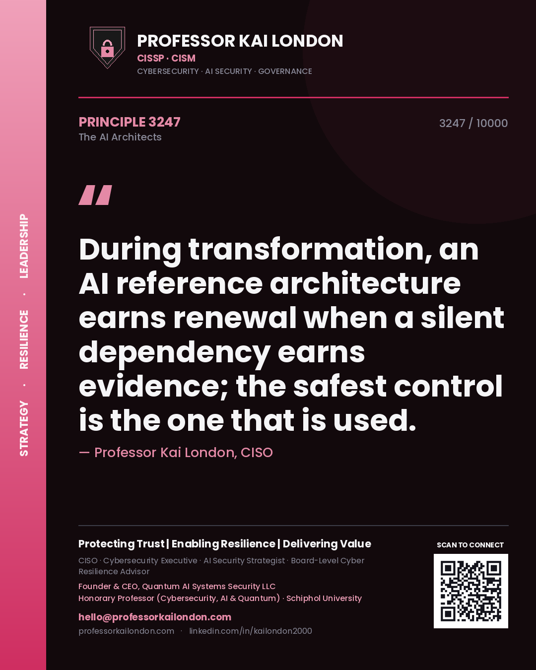 Quote card by Professor Kai London reading 'During transformation, an AI reference architecture earns renewal when a silent dependency earns evidence; the safest control is the one that is used.'. From the book The AI Architects.