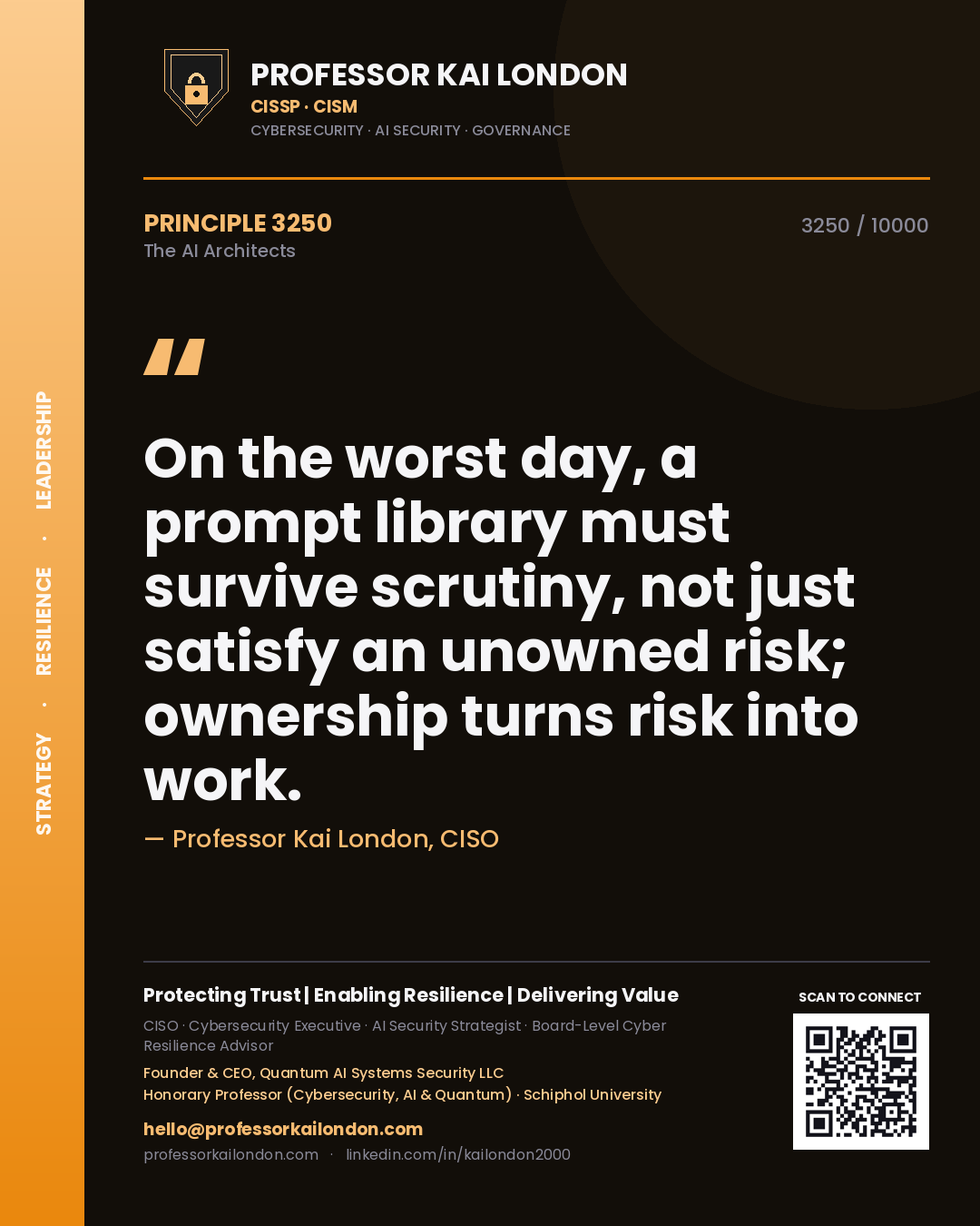 Professor Kai London principle 3250: On the worst day, a prompt library must survive scrutiny, not just satisfy an unowned risk; ownership turns risk into work.