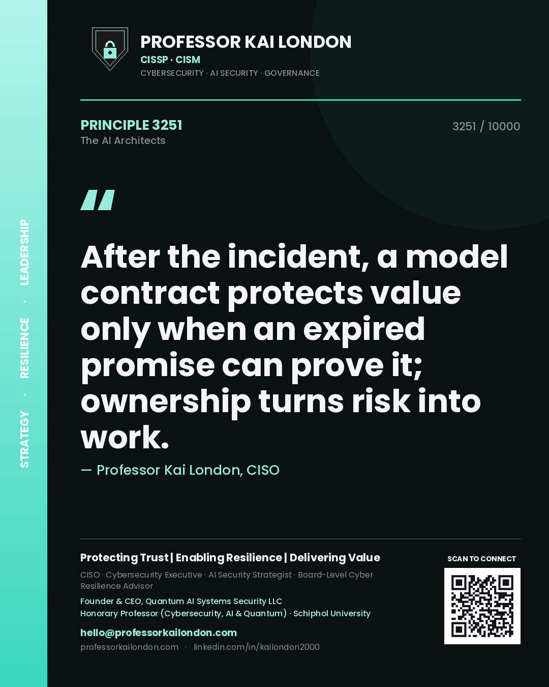 Professor Kai London principle 3251: After the incident, a model contract protects value only when an expired promise can prove it; ownership turns risk into work.