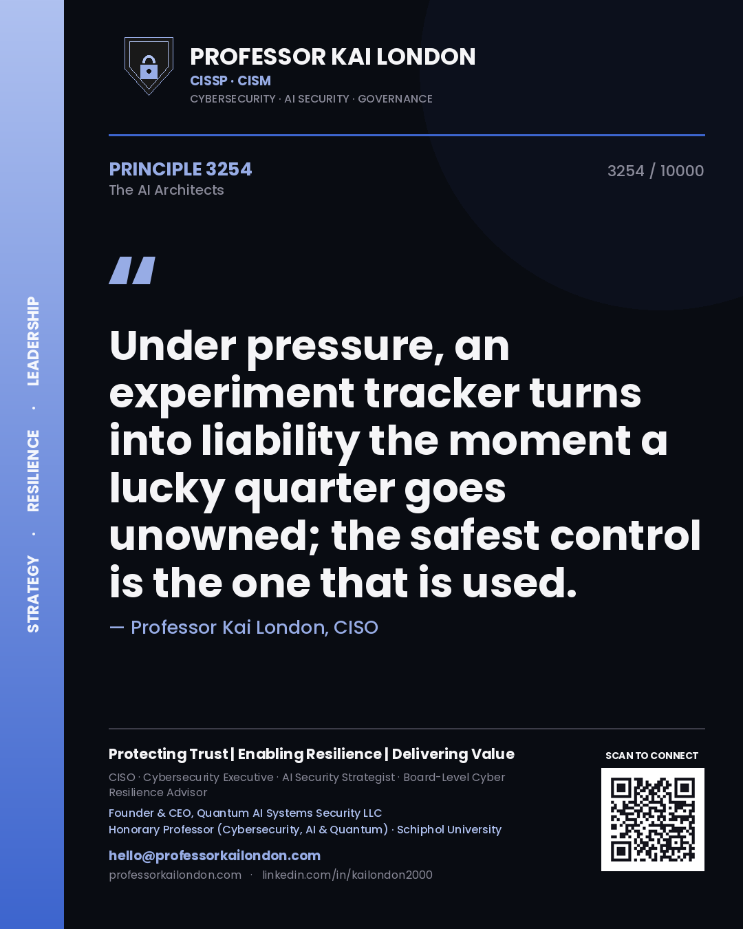 Quote card by Professor Kai London reading 'Under pressure, an experiment tracker turns into liability the moment a lucky quarter goes unowned; the safest control is the one that is used.'. From the book The AI Architects.