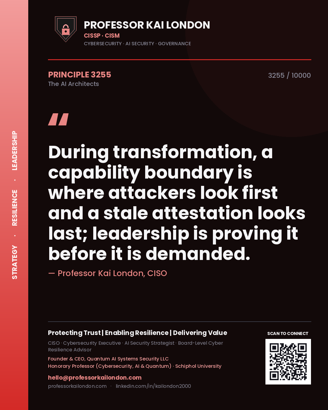 Professor Kai London principle 3255: During transformation, a capability boundary is where attackers look first and a stale attestation looks last; leadership is proving it before it is demanded.