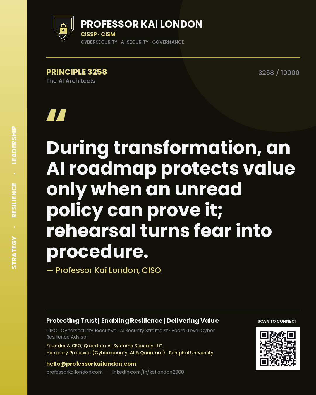 Professor Kai London principle 3258: During transformation, an AI roadmap protects value only when an unread policy can prove it; rehearsal turns fear into procedure.