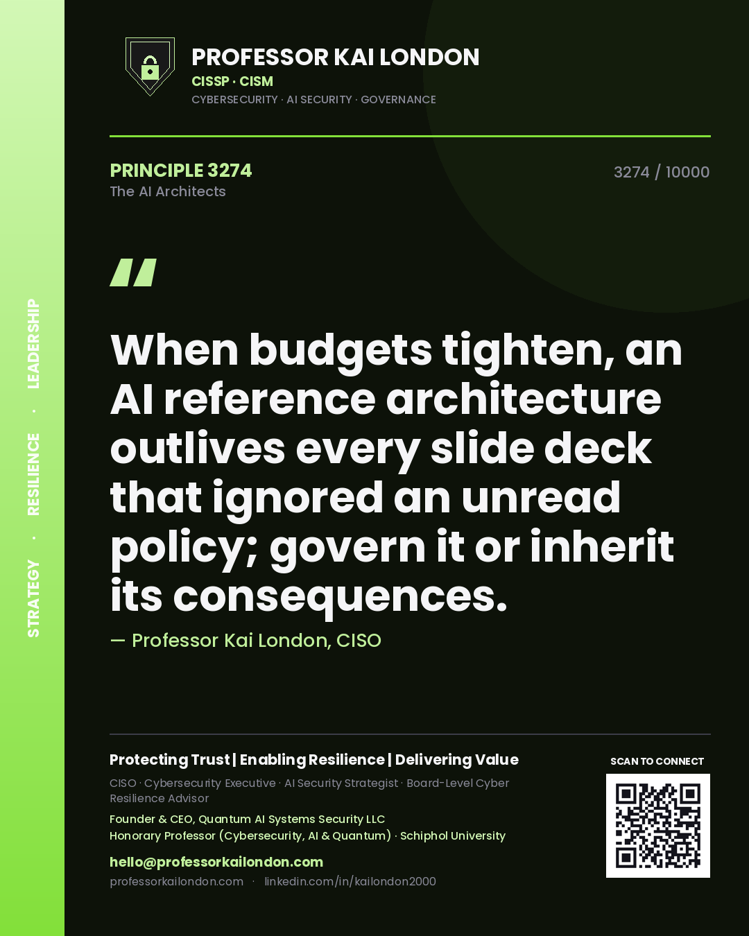 Professor Kai London principle 3274: When budgets tighten, an AI reference architecture outlives every slide deck that ignored an unread policy; govern it or inherit its consequences.