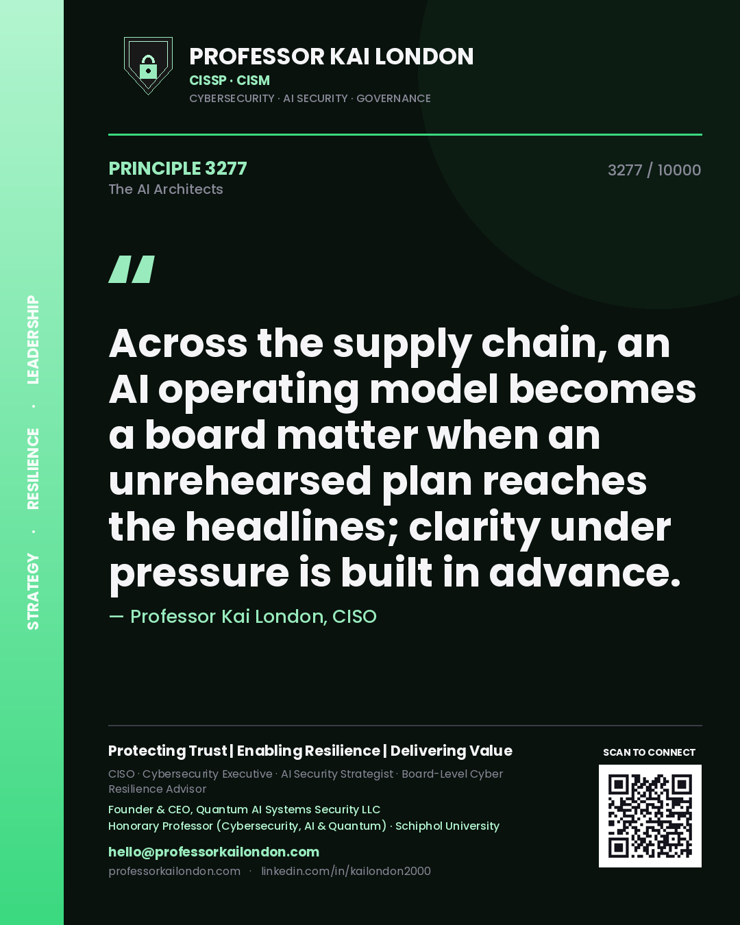 Quote card by Professor Kai London reading 'Across the supply chain, an AI operating model becomes a board matter when an unrehearsed plan reaches the headlines; clarity under pressure is built in advance.'. From the book The AI Architects.