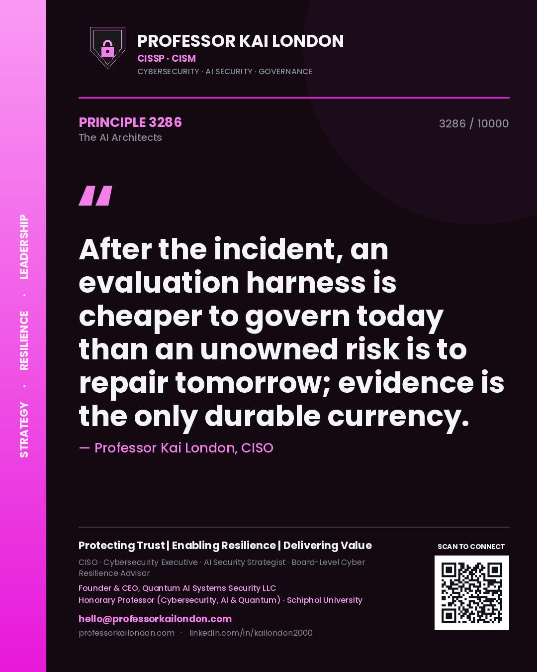 Professor Kai London principle 3286: After the incident, an evaluation harness is cheaper to govern today than an unowned risk is to repair tomorrow; evidence is the only durable currency.