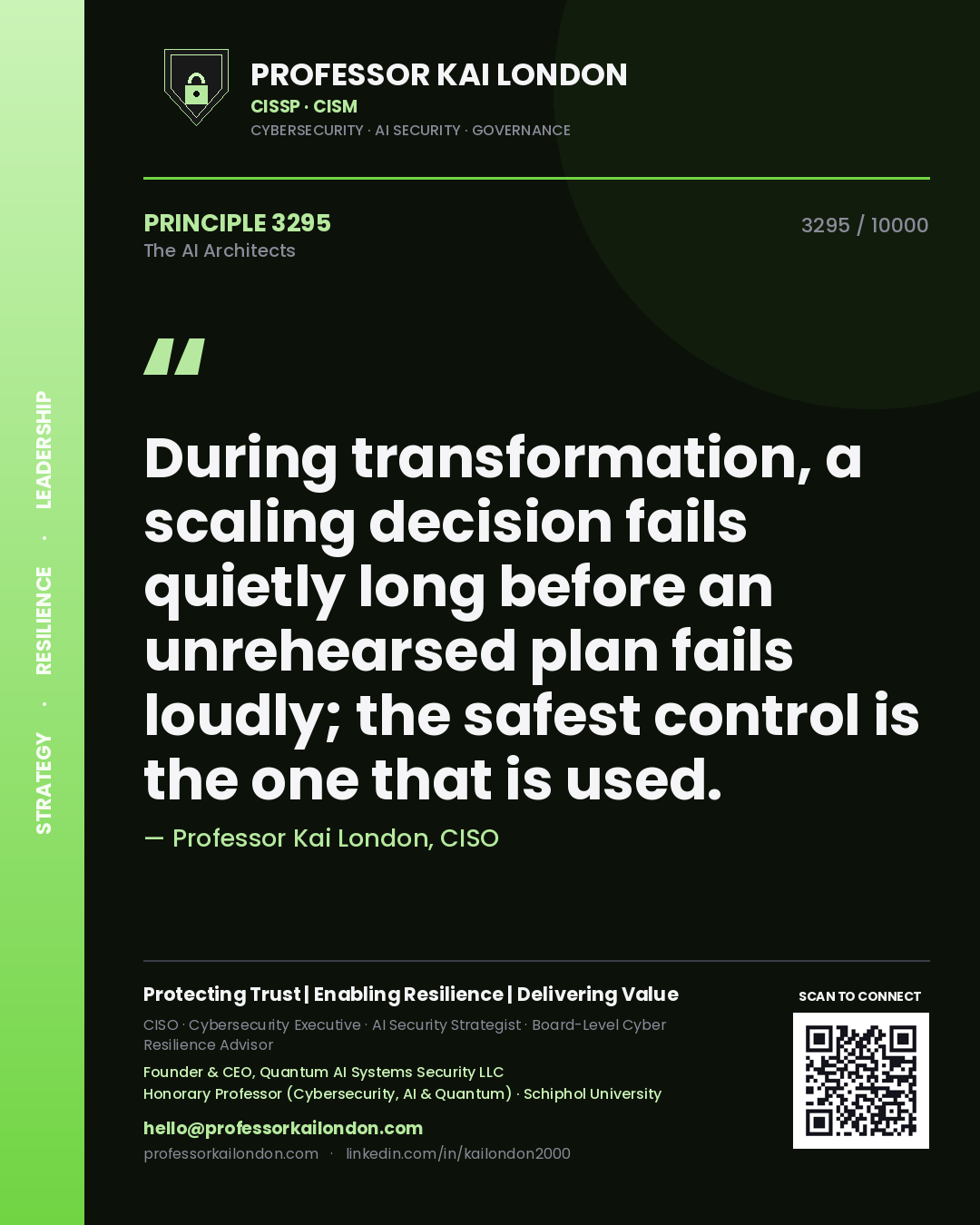 Quote card by Professor Kai London reading 'During transformation, a scaling decision fails quietly long before an unrehearsed plan fails loudly; the safest control is the one that is used.'. From the book The AI Architects.
