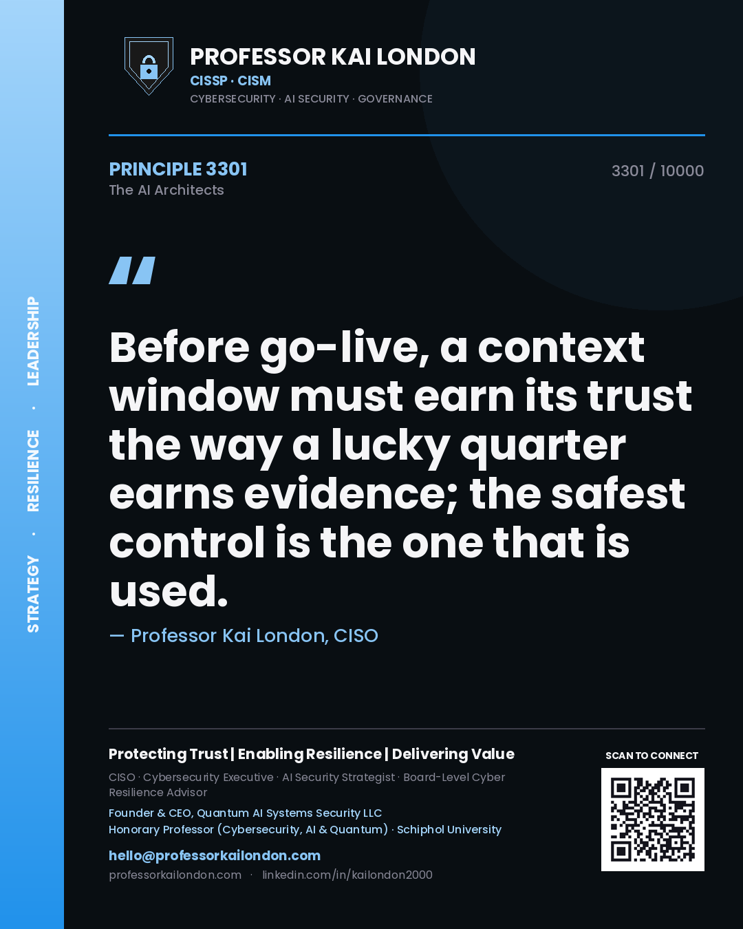Quote card by Professor Kai London reading 'Before go-live, a context window must earn its trust the way a lucky quarter earns evidence; the safest control is the one that is used.'. From the book The AI Architects.