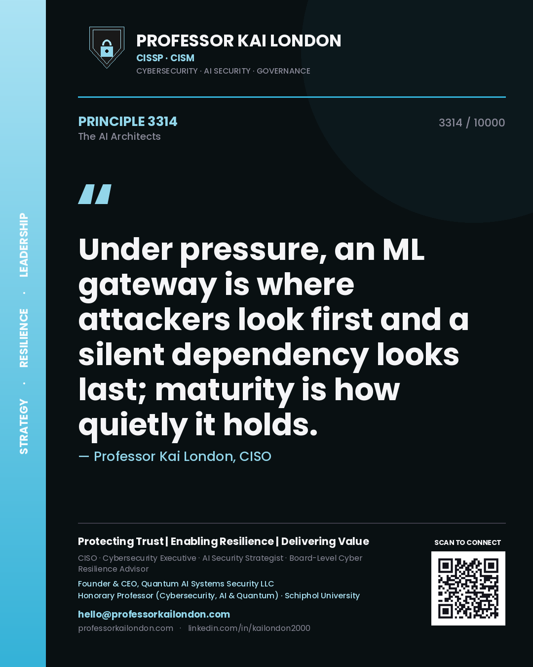 Quote card by Professor Kai London reading 'Under pressure, an ML gateway is where attackers look first and a silent dependency looks last; maturity is how quietly it holds.'. From the book The AI Architects.