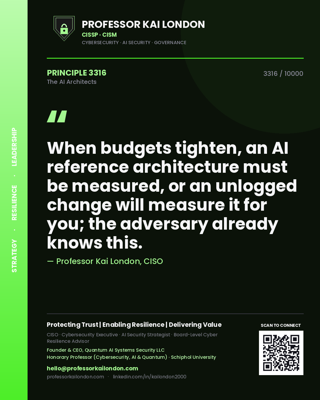 Professor Kai London principle 3316: When budgets tighten, an AI reference architecture must be measured, or an unlogged change will measure it for you; the adversary already knows this.
