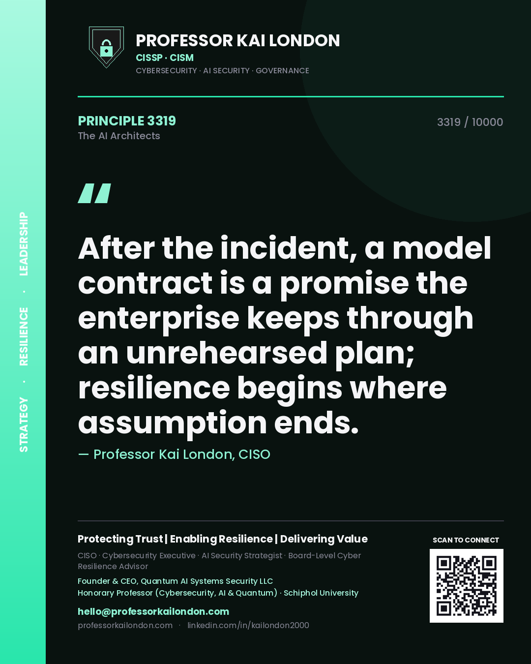 Professor Kai London principle 3319: After the incident, a model contract is a promise the enterprise keeps through an unrehearsed plan; resilience begins where assumption ends.