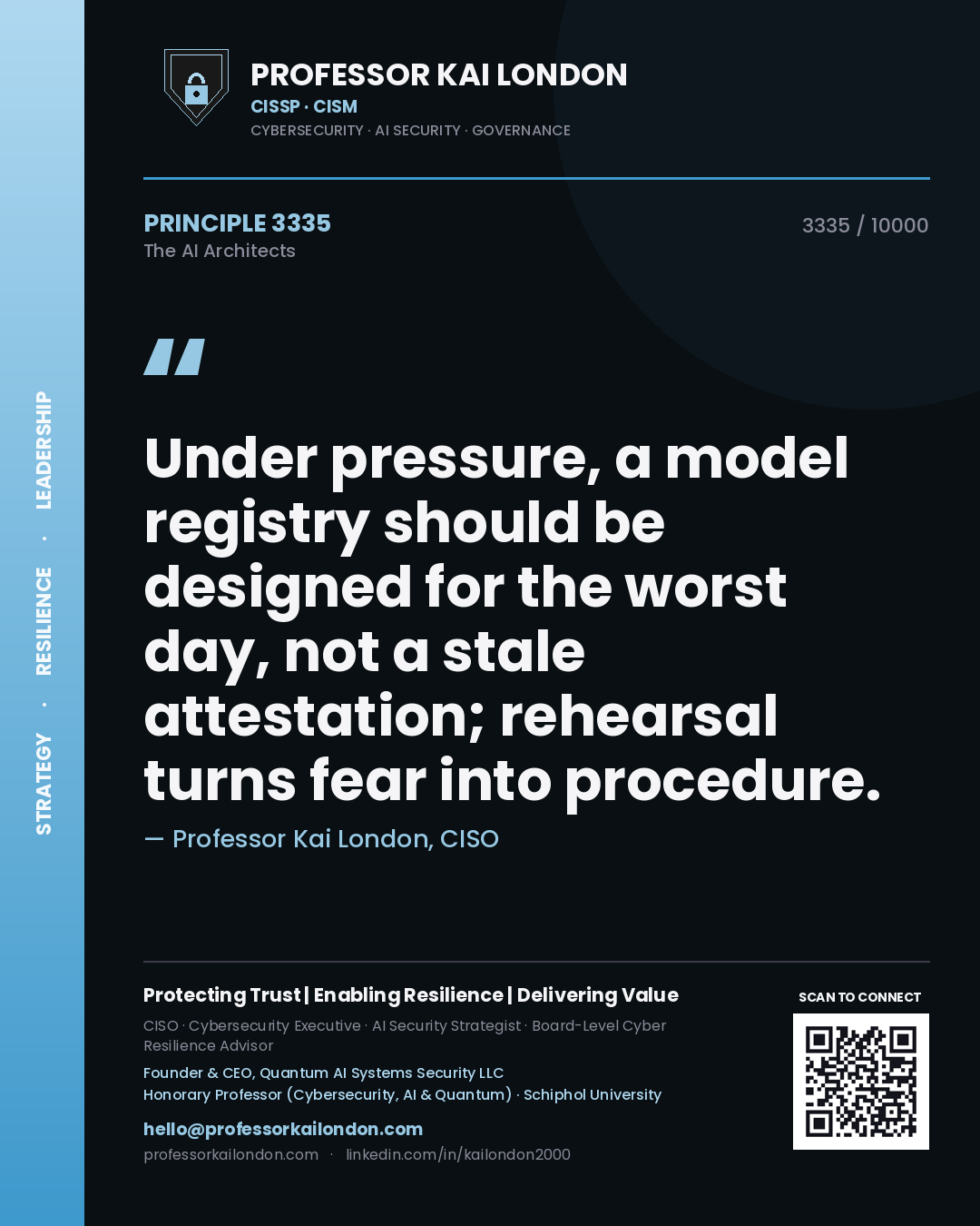 Quote card by Professor Kai London reading 'Under pressure, a model registry should be designed for the worst day, not a stale attestation; rehearsal turns fear into procedure.'. From the book The AI Architects.