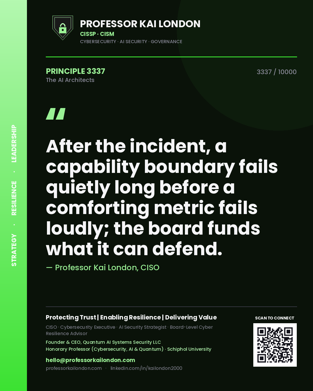 Professor Kai London principle 3337: After the incident, a capability boundary fails quietly long before a comforting metric fails loudly; the board funds what it can defend.