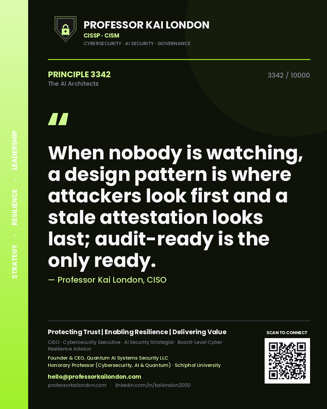 Professor Kai London principle 3342: When nobody is watching, a design pattern is where attackers look first and a stale attestation looks last; audit-ready is the only ready.