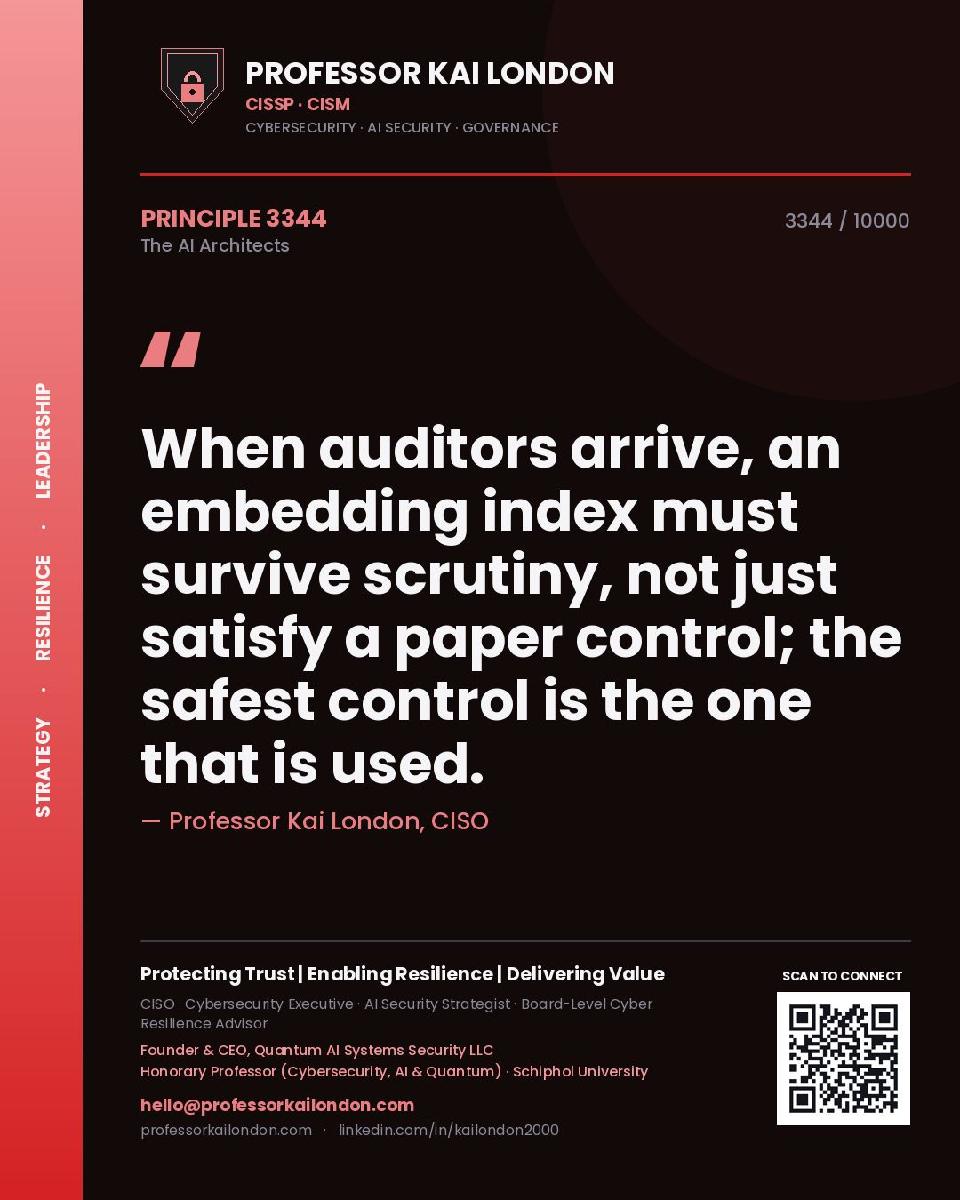 Professor Kai London principle 3344: When auditors arrive, an embedding index must survive scrutiny, not just satisfy a paper control; the safest control is the one that is used.