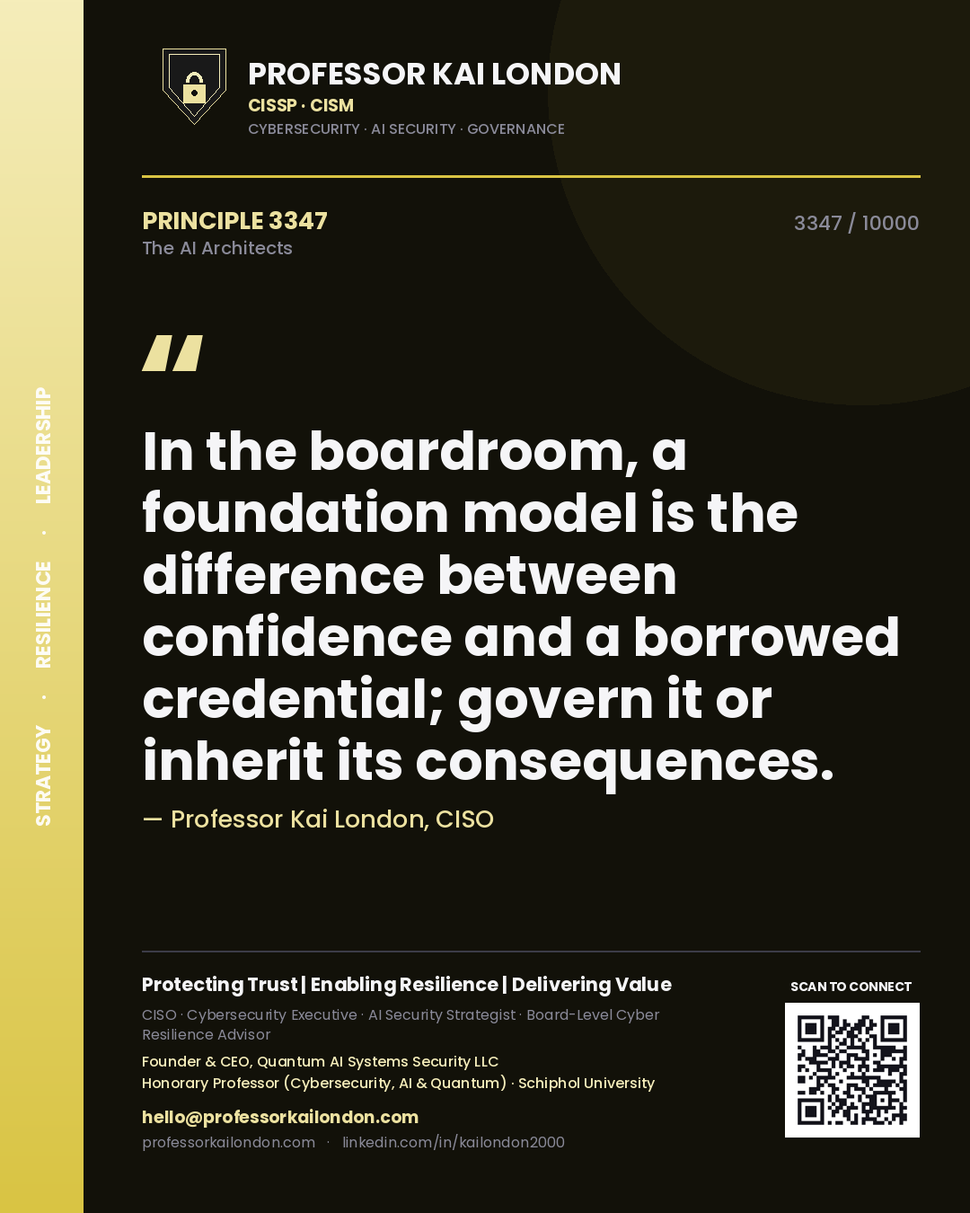 Quote card by Professor Kai London reading 'In the boardroom, a foundation model is the difference between confidence and a borrowed credential; govern it or inherit its consequences.'. From the book The AI Architects.