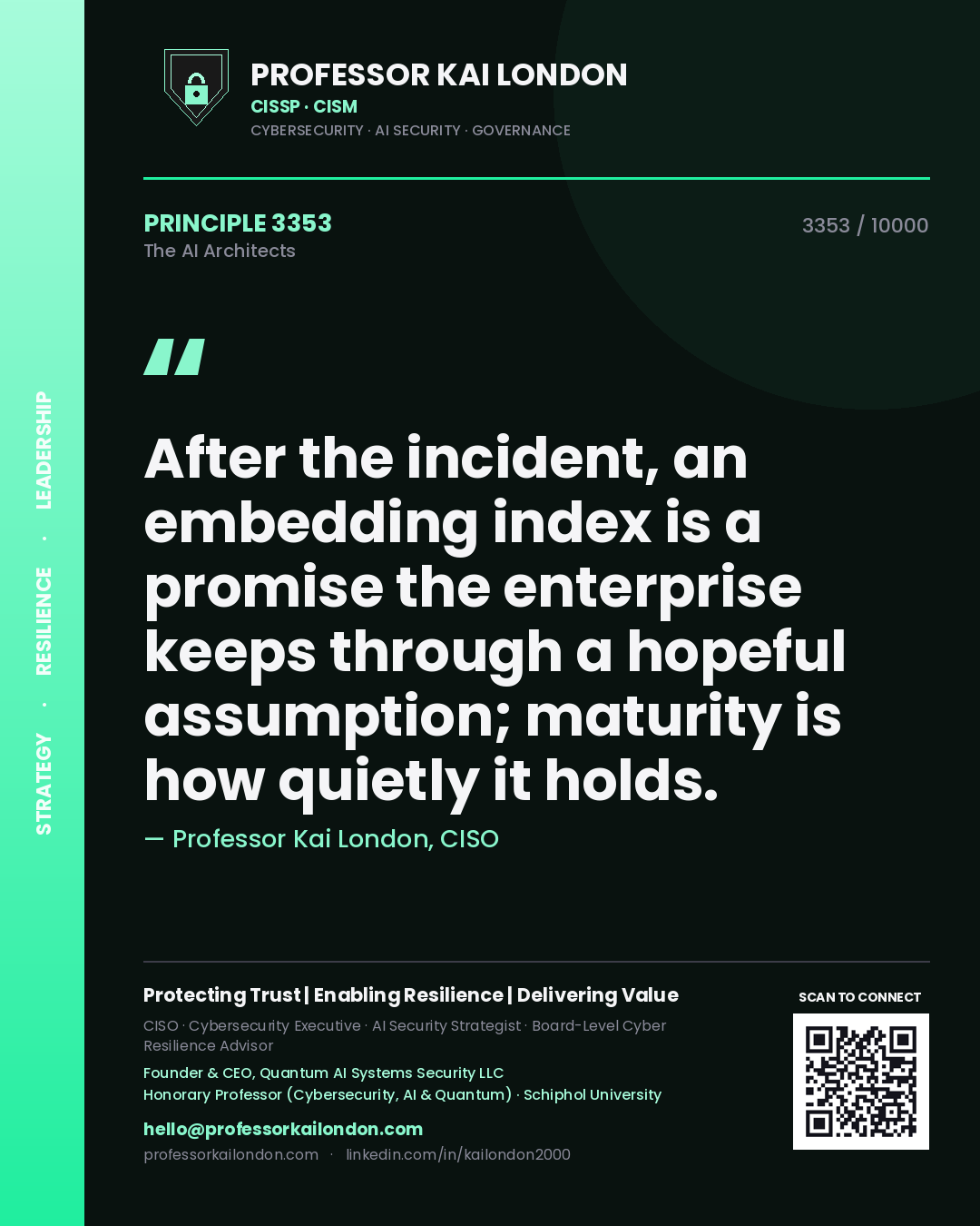 Quote card by Professor Kai London reading 'After the incident, an embedding index is a promise the enterprise keeps through a hopeful assumption; maturity is how quietly it holds.'. From the book The AI Architects.