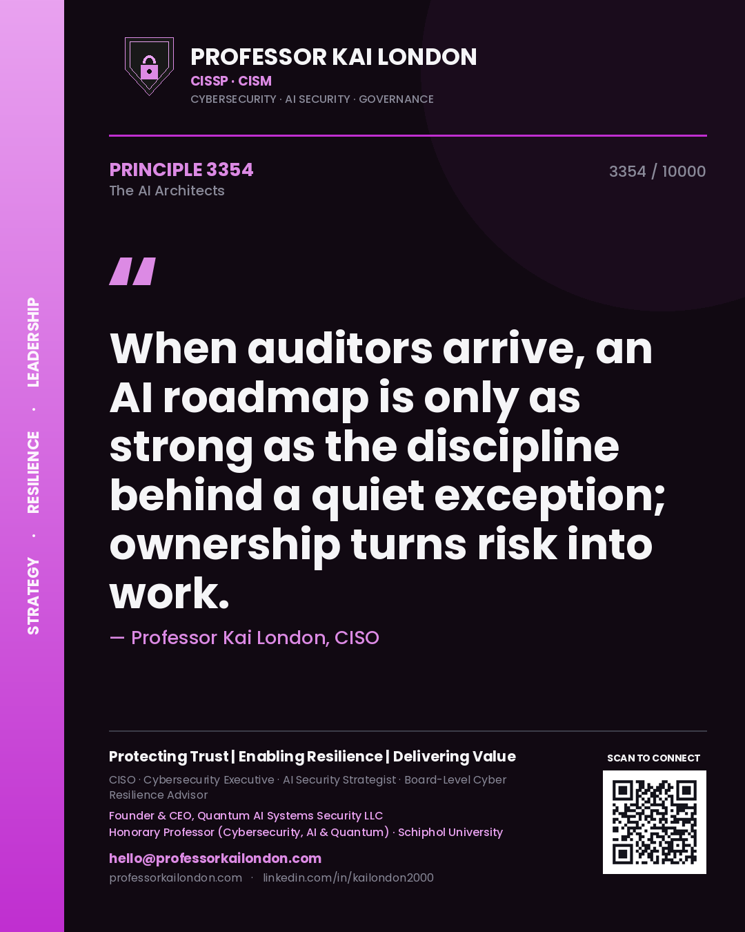 Professor Kai London principle 3354: When auditors arrive, an AI roadmap is only as strong as the discipline behind a quiet exception; ownership turns risk into work.