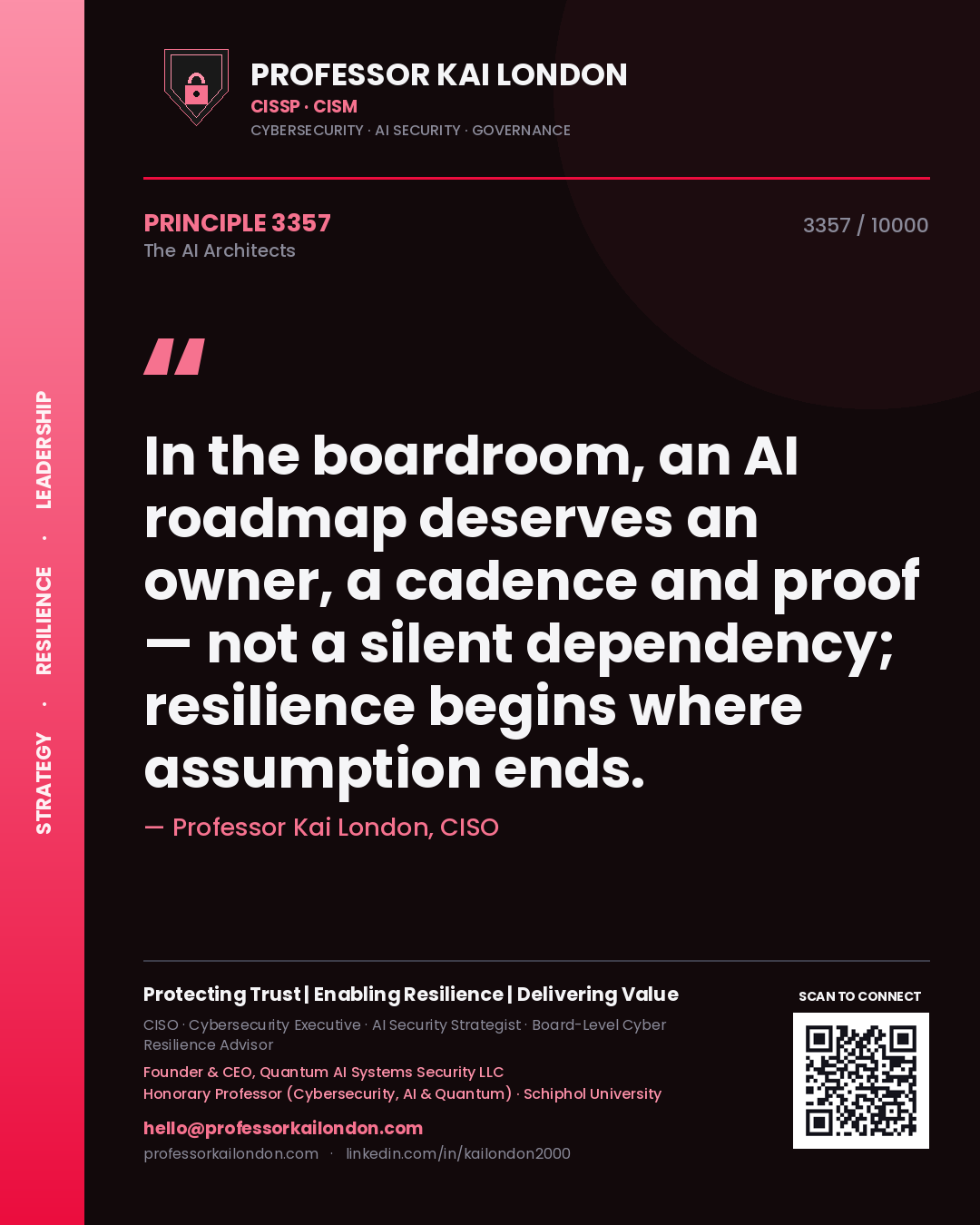 Professor Kai London principle 3357: In the boardroom, an AI roadmap deserves an owner, a cadence and proof — not a silent dependency; resilience begins where assumption ends.