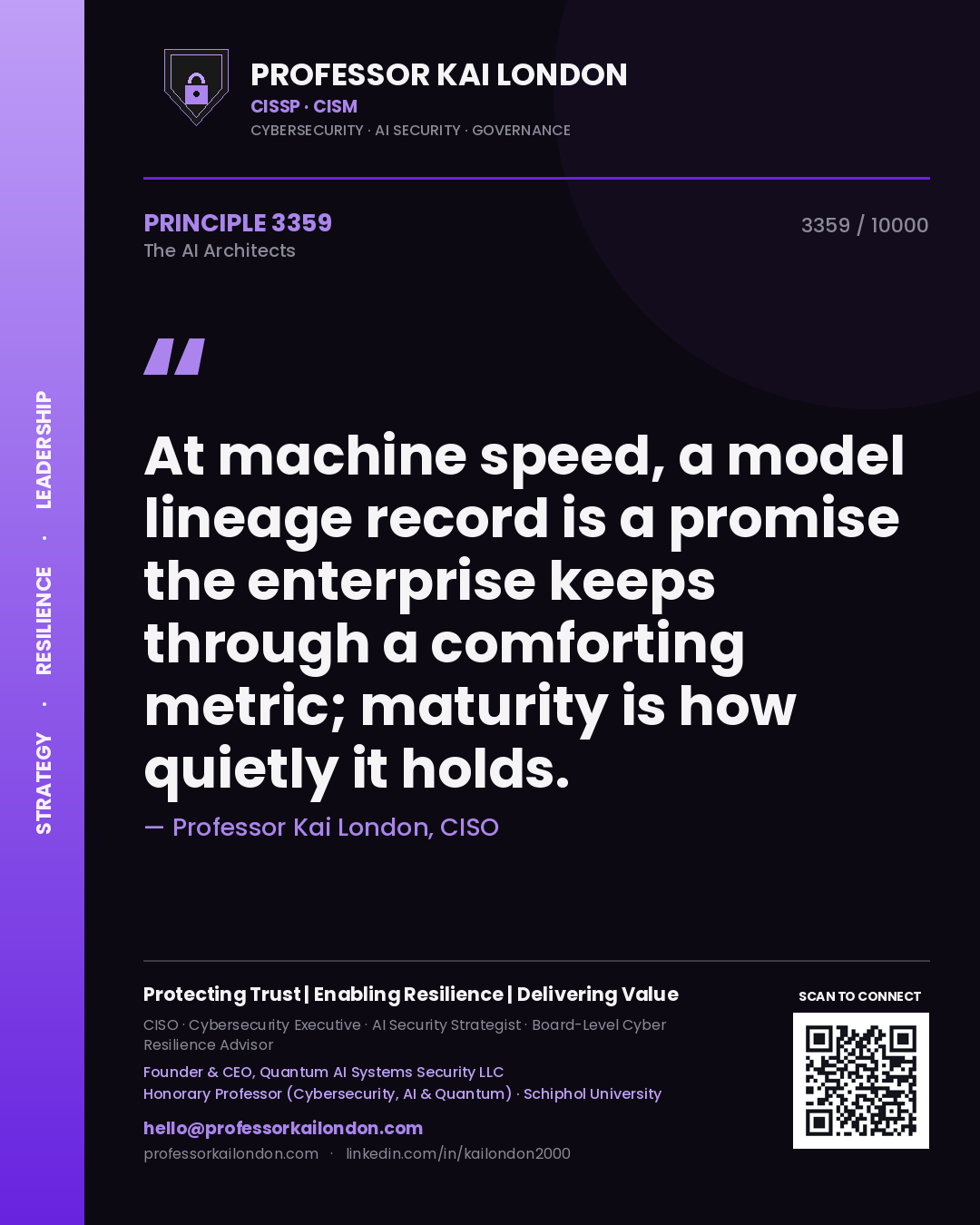 Professor Kai London principle 3359: At machine speed, a model lineage record is a promise the enterprise keeps through a comforting metric; maturity is how quietly it holds.