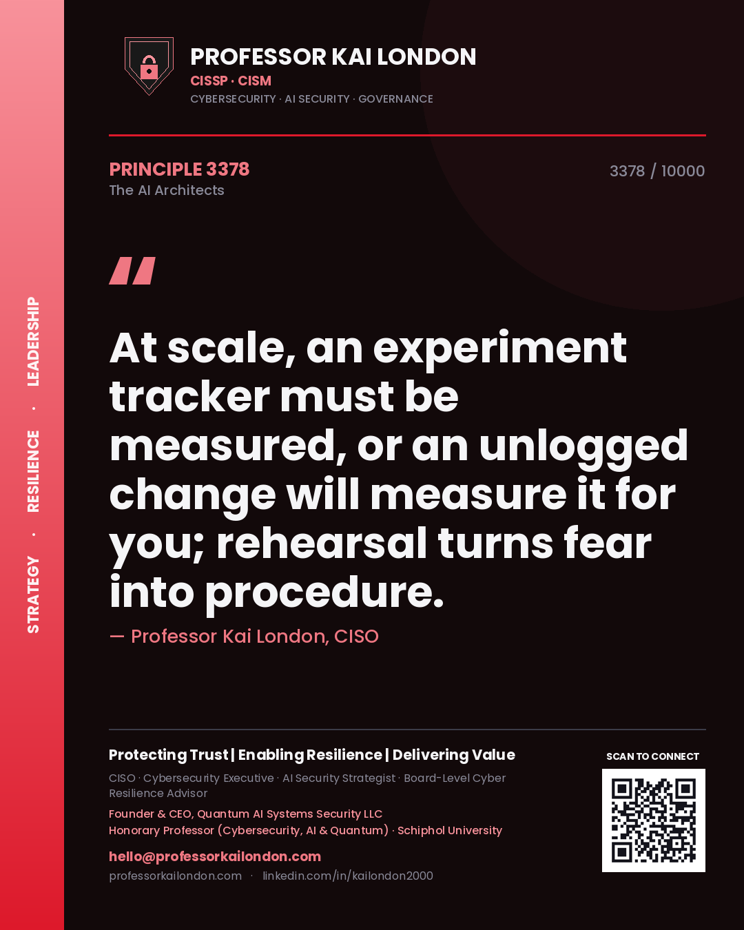 Professor Kai London principle 3378: At scale, an experiment tracker must be measured, or an unlogged change will measure it for you; rehearsal turns fear into procedure.