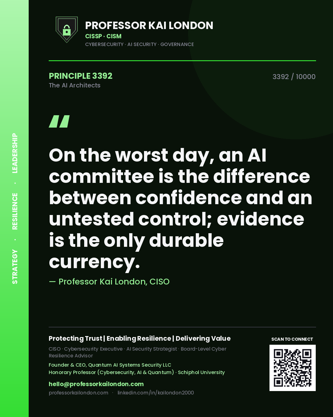 Quote card by Professor Kai London reading 'On the worst day, an AI committee is the difference between confidence and an untested control; evidence is the only durable currency.'. From the book The AI Architects.