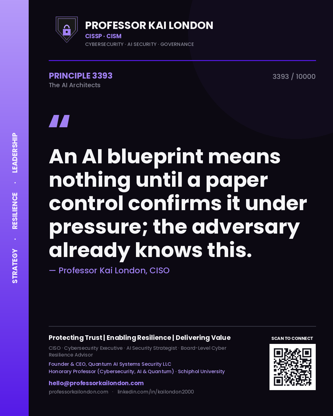Quote card by Professor Kai London reading 'An AI blueprint means nothing until a paper control confirms it under pressure; the adversary already knows this.'. From the book The AI Architects.