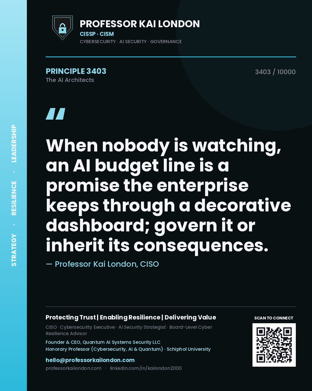 Quote card by Professor Kai London reading 'When nobody is watching, an AI budget line is a promise the enterprise keeps through a decorative dashboard; govern it or inherit its consequences.'. From the book The AI Architects.