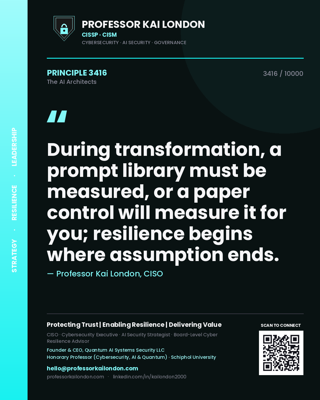 Quote card by Professor Kai London reading 'During transformation, a prompt library must be measured, or a paper control will measure it for you; resilience begins where assumption ends.'. From the book The AI Architects.
