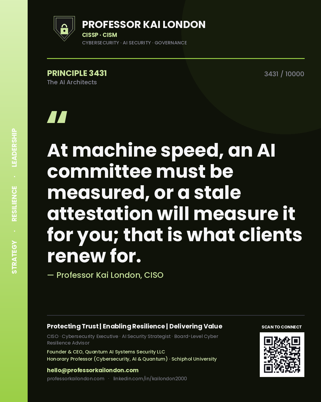Quote card by Professor Kai London reading 'At machine speed, an AI committee must be measured, or a stale attestation will measure it for you; that is what clients renew for.'. From the book The AI Architects.