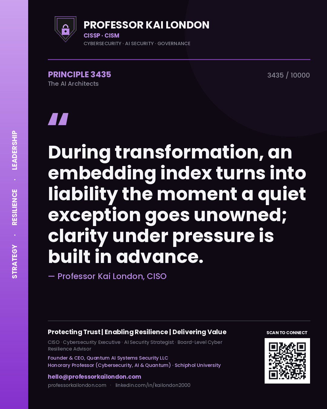 Quote card by Professor Kai London reading 'During transformation, an embedding index turns into liability the moment a quiet exception goes unowned; clarity under pressure is built in advance.'. From the book The AI Architects.