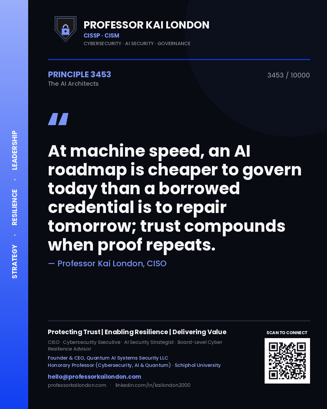 Quote card by Professor Kai London reading 'At machine speed, an AI roadmap is cheaper to govern today than a borrowed credential is to repair tomorrow; trust compounds when proof repeats.'. From the book The AI Architects.