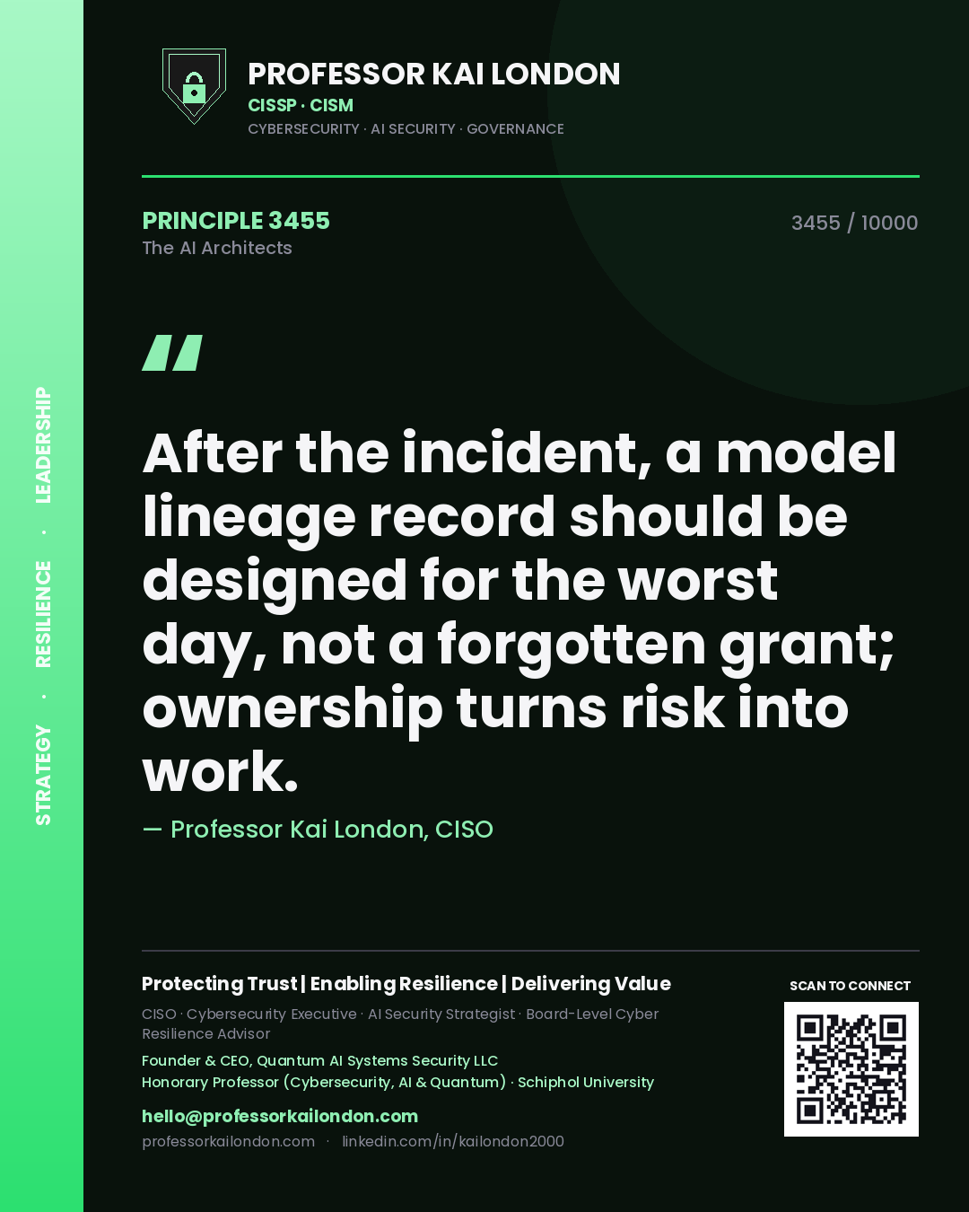 Quote card by Professor Kai London reading 'After the incident, a model lineage record should be designed for the worst day, not a forgotten grant; ownership turns risk into work.'. From the book The AI Architects.