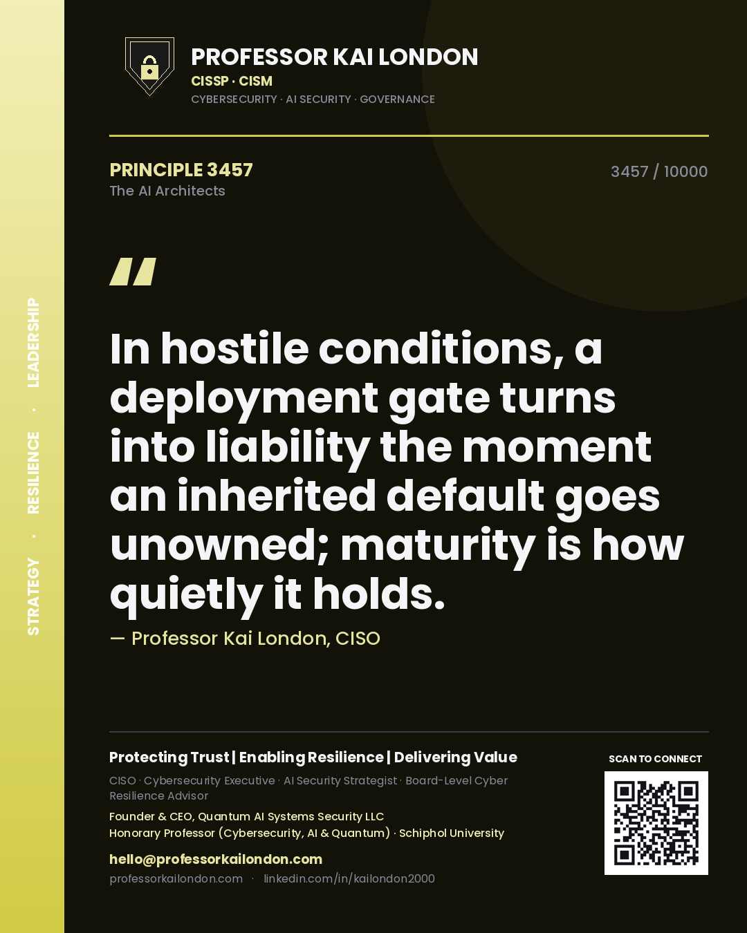 Quote card by Professor Kai London reading 'In hostile conditions, a deployment gate turns into liability the moment an inherited default goes unowned; maturity is how quietly it holds.'. From the book The AI Architects.
