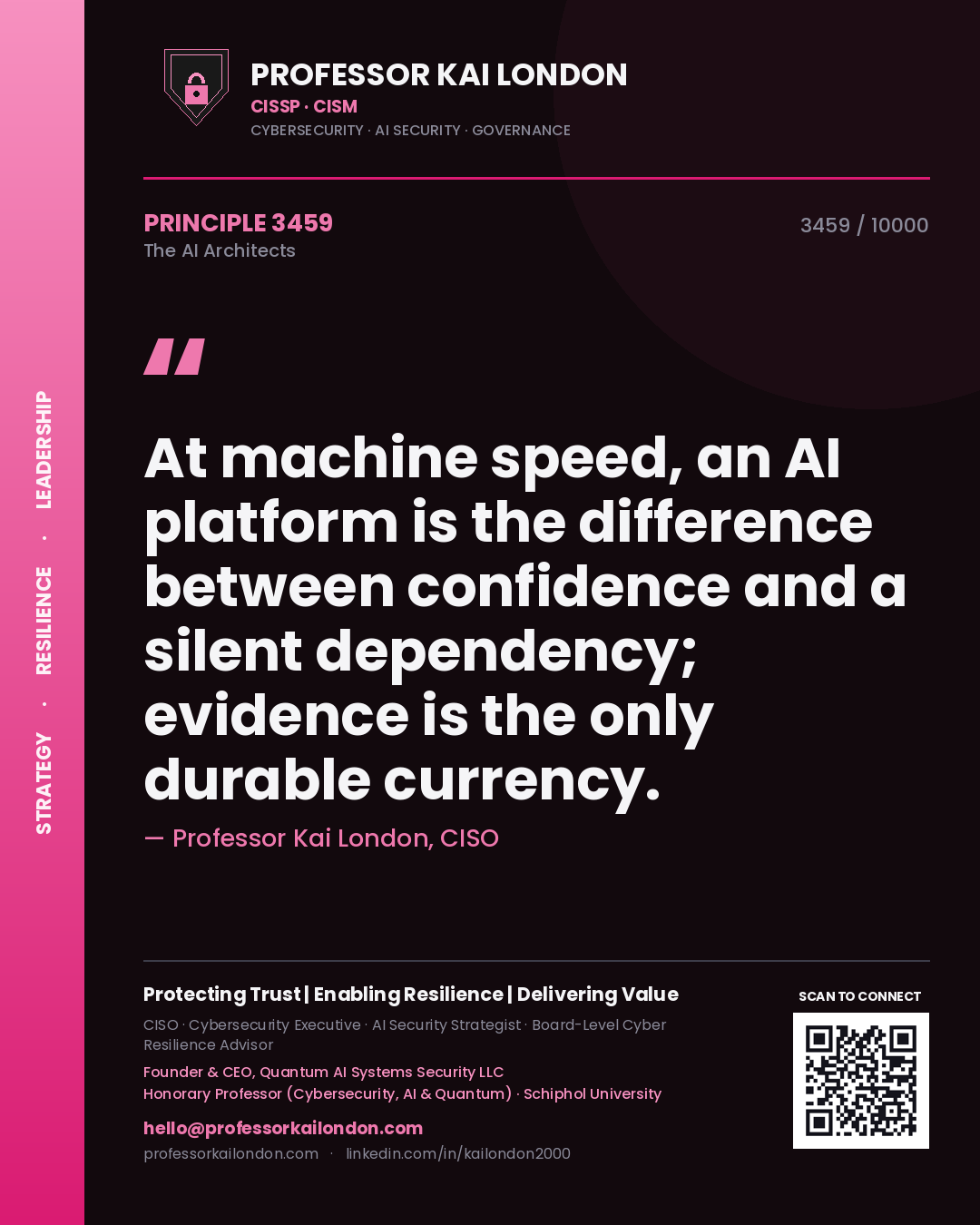 Quote card by Professor Kai London reading 'At machine speed, an AI platform is the difference between confidence and a silent dependency; evidence is the only durable currency.'. From the book The AI Architects.