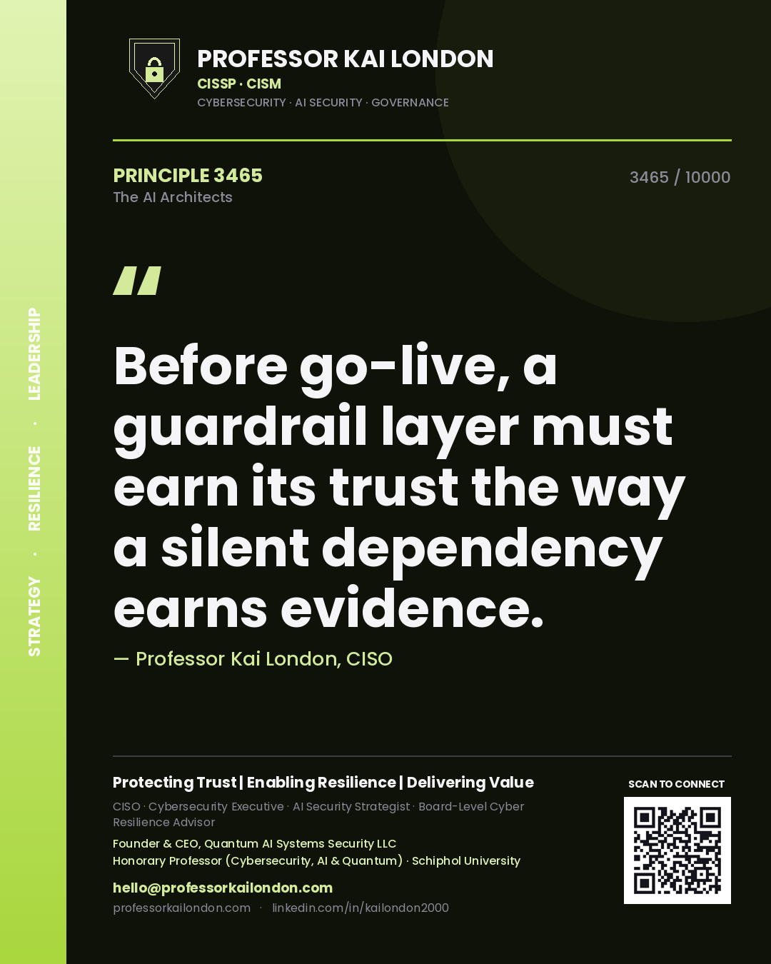 Quote card by Professor Kai London reading 'Before go-live, a guardrail layer must earn its trust the way a silent dependency earns evidence.'. From the book The AI Architects.