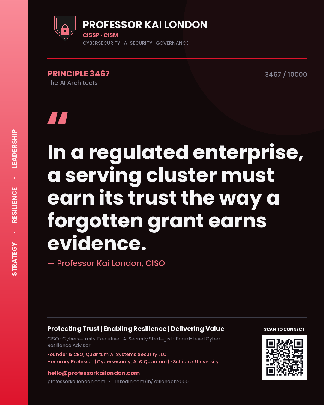 Quote card by Professor Kai London reading 'In a regulated enterprise, a serving cluster must earn its trust the way a forgotten grant earns evidence.'. From the book The AI Architects.