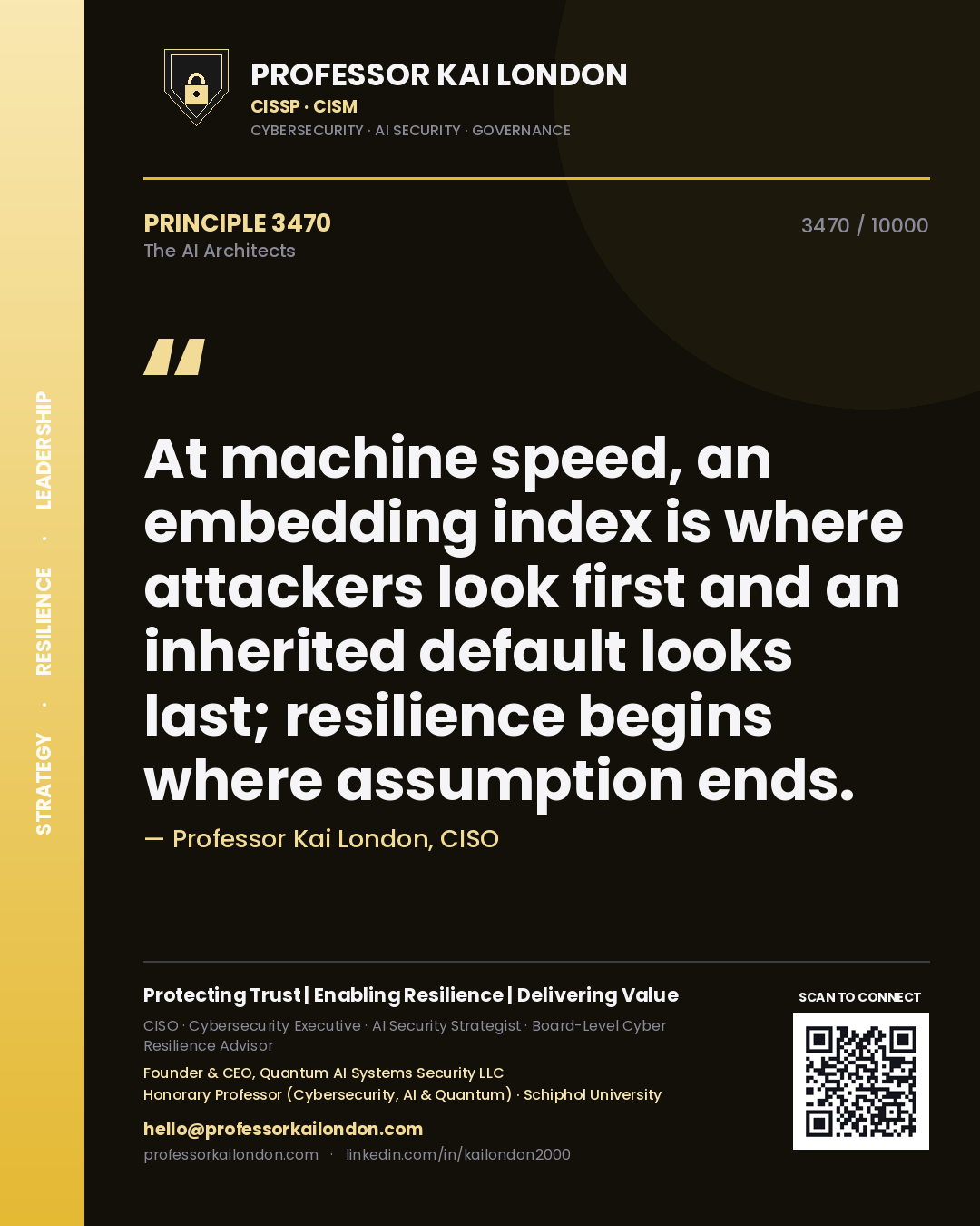 Quote card by Professor Kai London reading 'At machine speed, an embedding index is where attackers look first and an inherited default looks last; resilience begins where assumption ends.'. From the book The AI Architects.