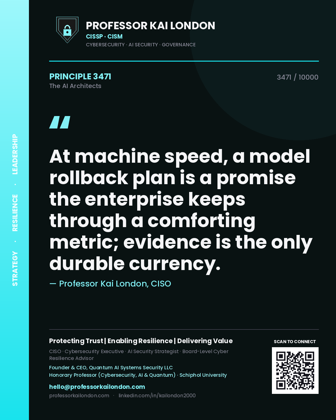 Quote card by Professor Kai London reading 'At machine speed, a model rollback plan is a promise the enterprise keeps through a comforting metric; evidence is the only durable currency.'. From the book The AI Architects.