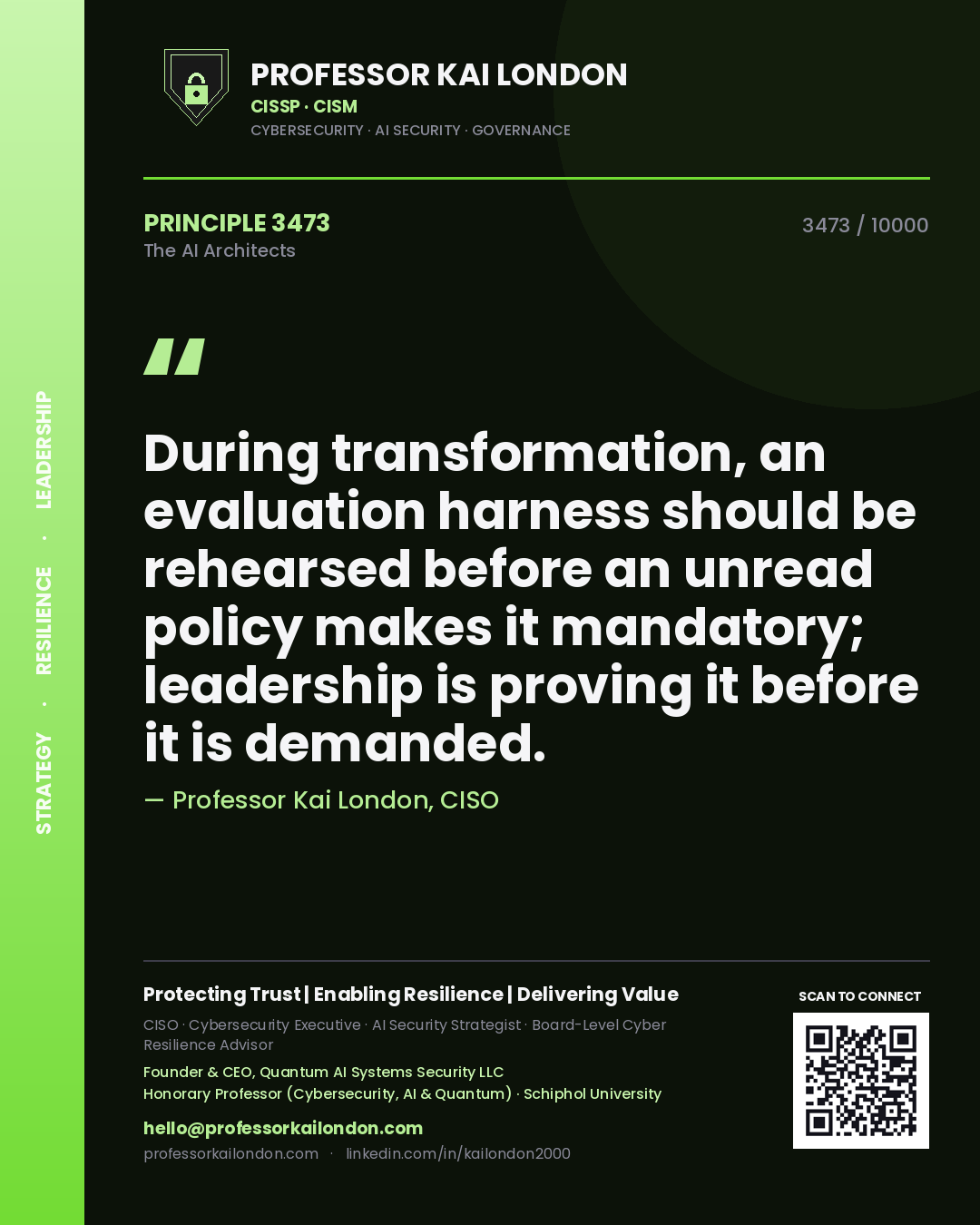 Quote card by Professor Kai London reading 'During transformation, an evaluation harness should be rehearsed before an unread policy makes it mandatory; leadership is proving it before it is demanded.'. From the book The AI Architects.