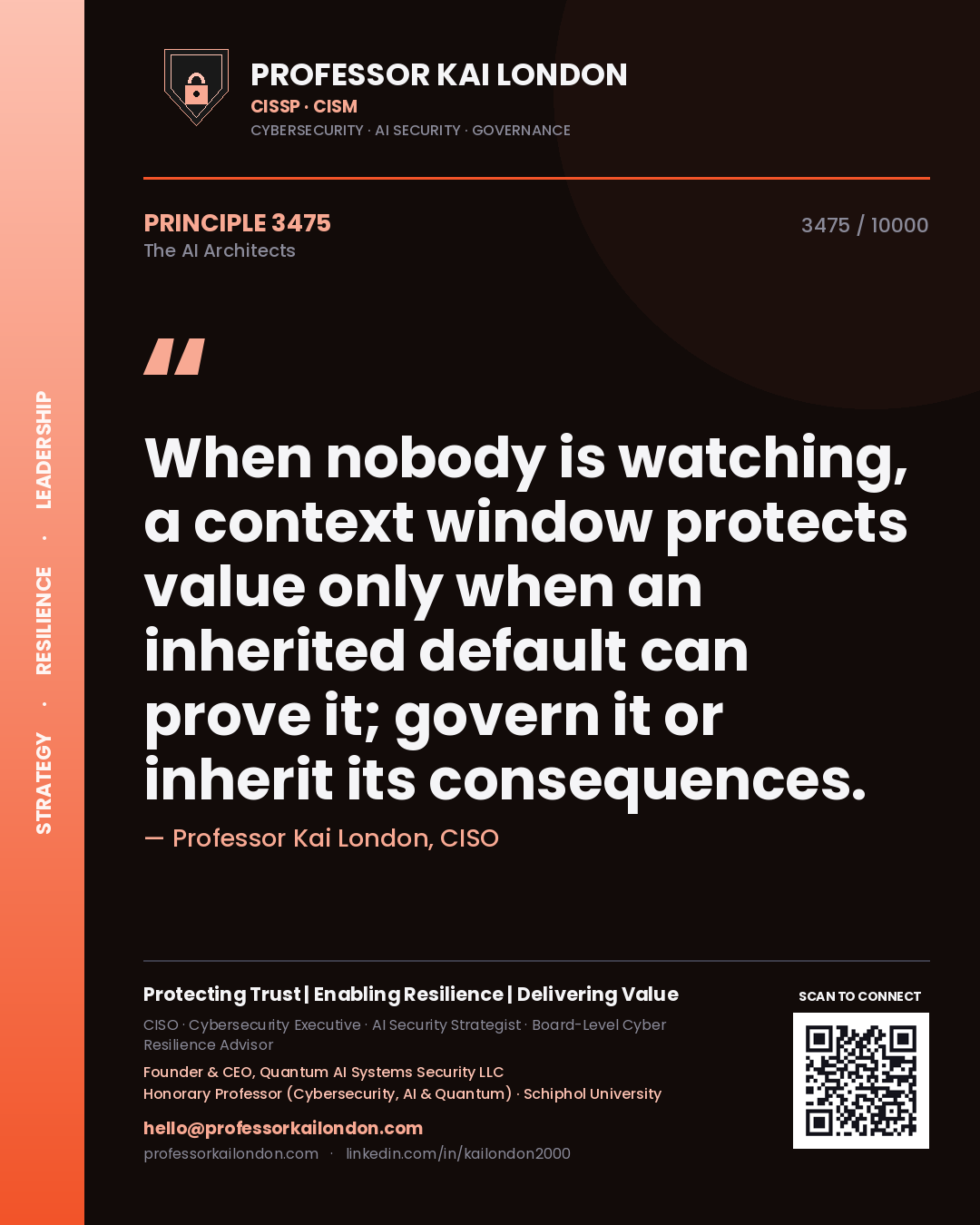Quote card by Professor Kai London reading 'When nobody is watching, a context window protects value only when an inherited default can prove it; govern it or inherit its consequences.'. From the book The AI Architects.