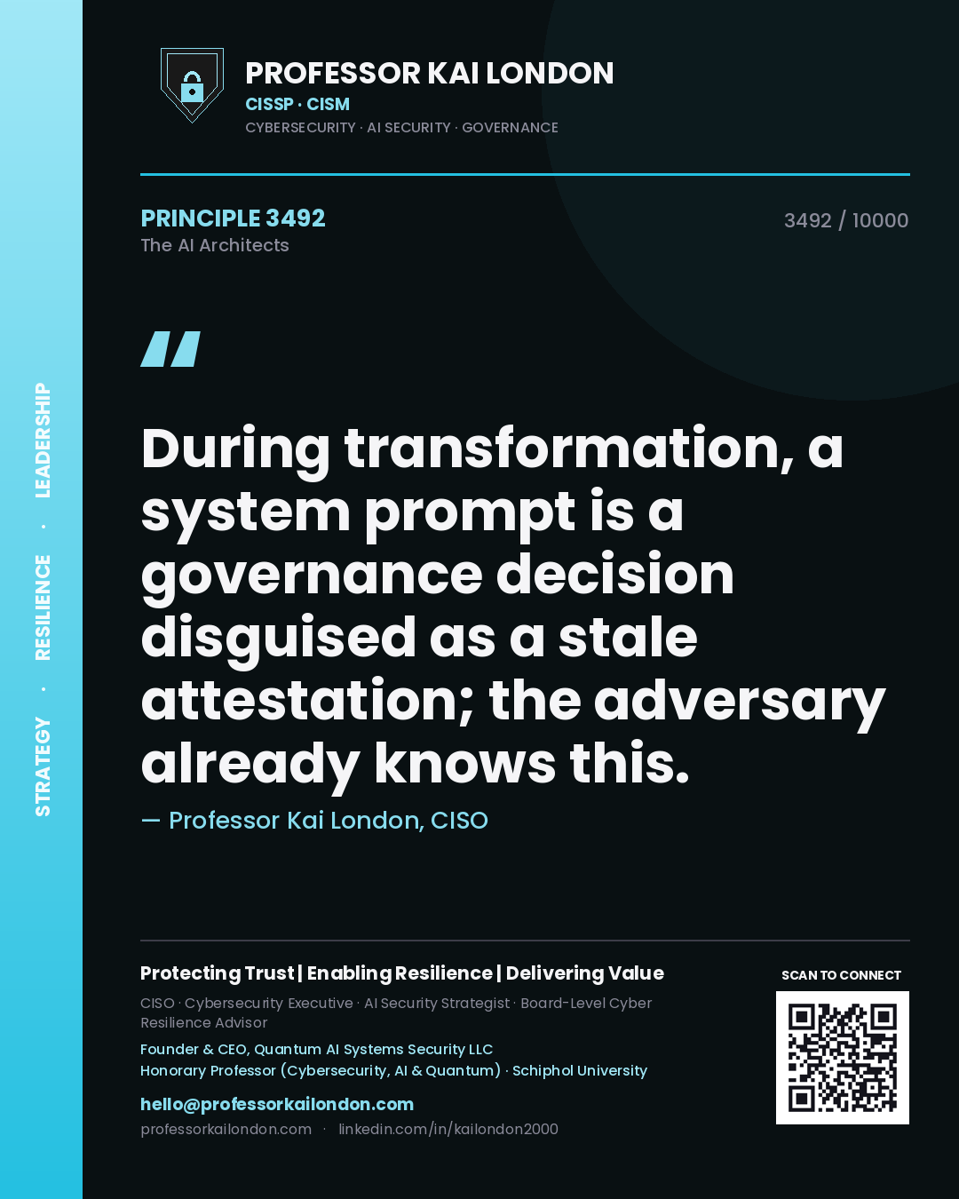 Quote card by Professor Kai London reading 'During transformation, a system prompt is a governance decision disguised as a stale attestation; the adversary already knows this.'. From the book The AI Architects.