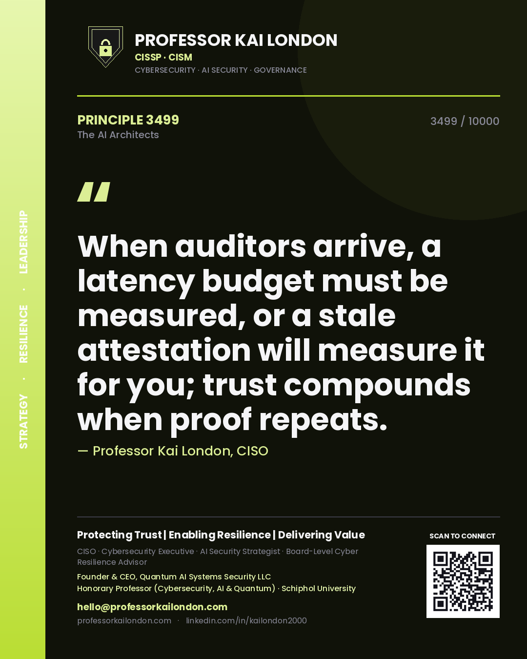 Quote card by Professor Kai London reading 'When auditors arrive, a latency budget must be measured, or a stale attestation will measure it for you; trust compounds when proof repeats.'. From the book The AI Architects.