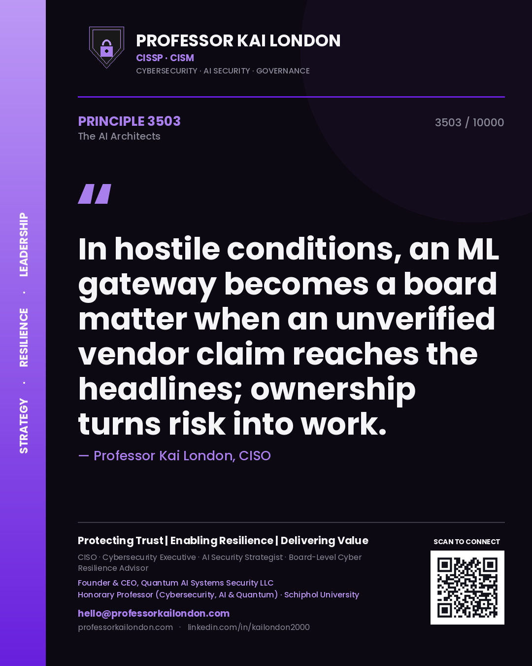 Professor Kai London principle 3503: In hostile conditions, an ML gateway becomes a board matter when an unverified vendor claim reaches the headlines; ownership turns risk into work.