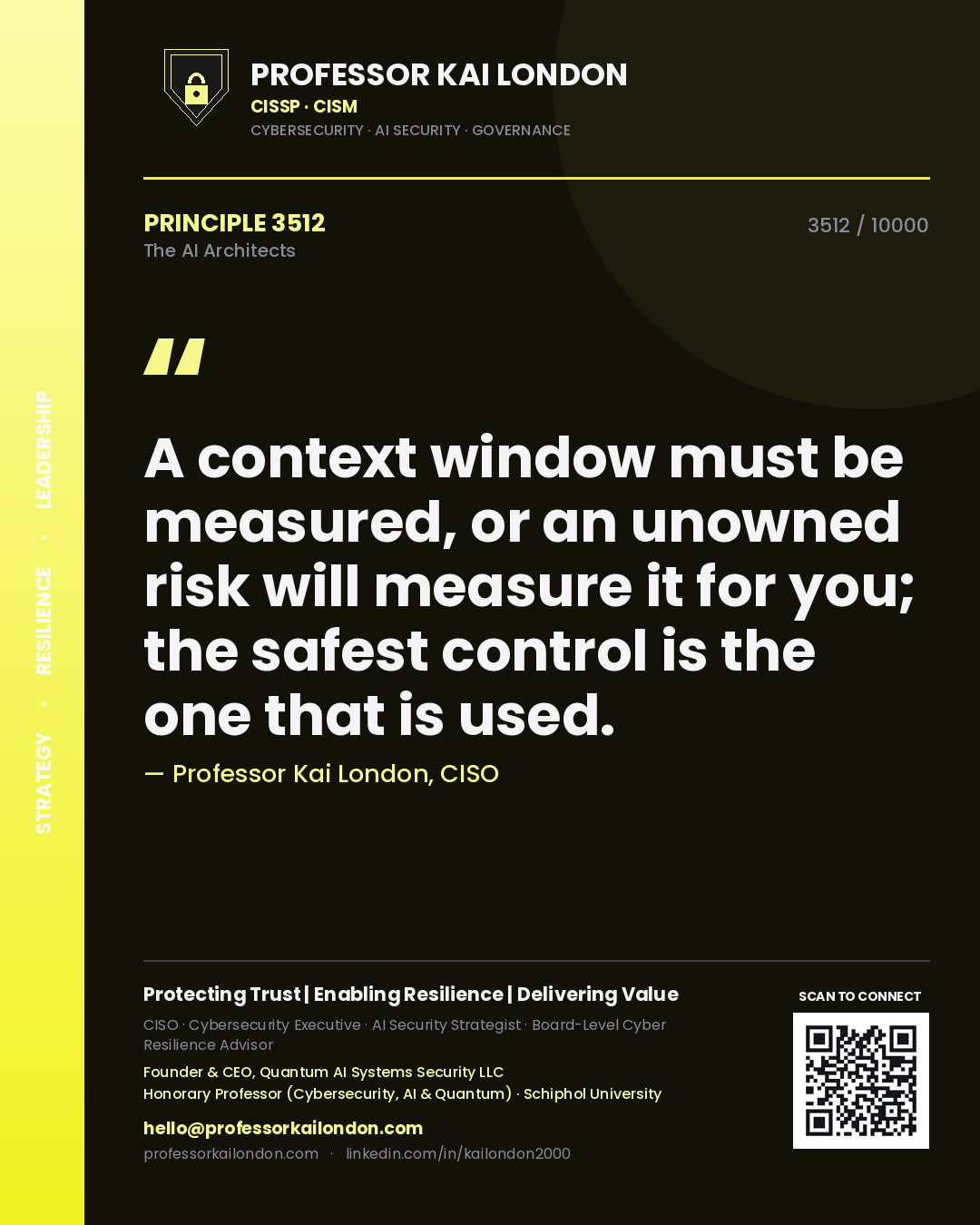 Quote card by Professor Kai London reading 'A context window must be measured, or an unowned risk will measure it for you; the safest control is the one that is used.'. From the book The AI Architects.