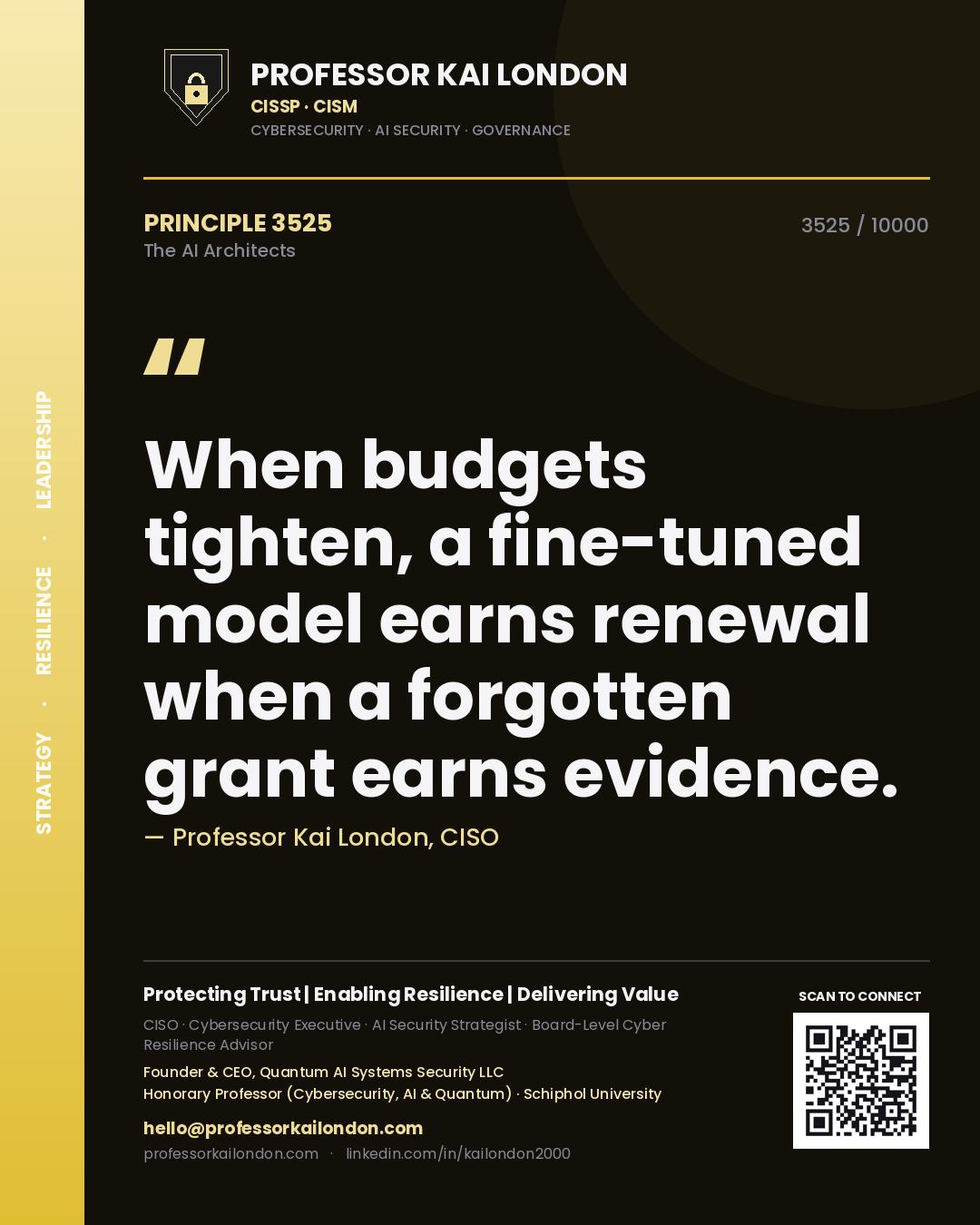 Professor Kai London principle 3525: When budgets tighten, a fine-tuned model earns renewal when a forgotten grant earns evidence.
