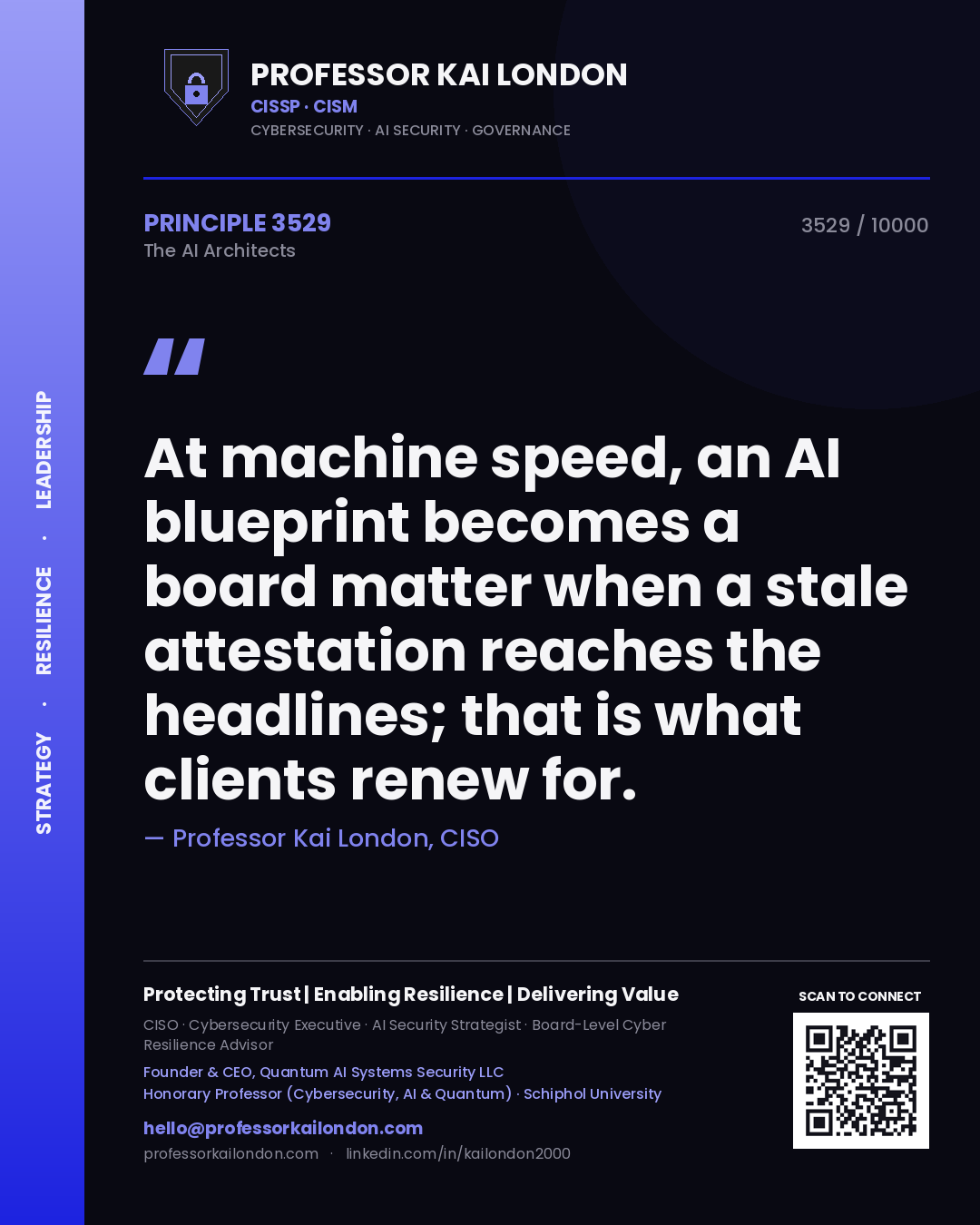 Quote card by Professor Kai London reading 'At machine speed, an AI blueprint becomes a board matter when a stale attestation reaches the headlines; that is what clients renew for.'. From the book The AI Architects.