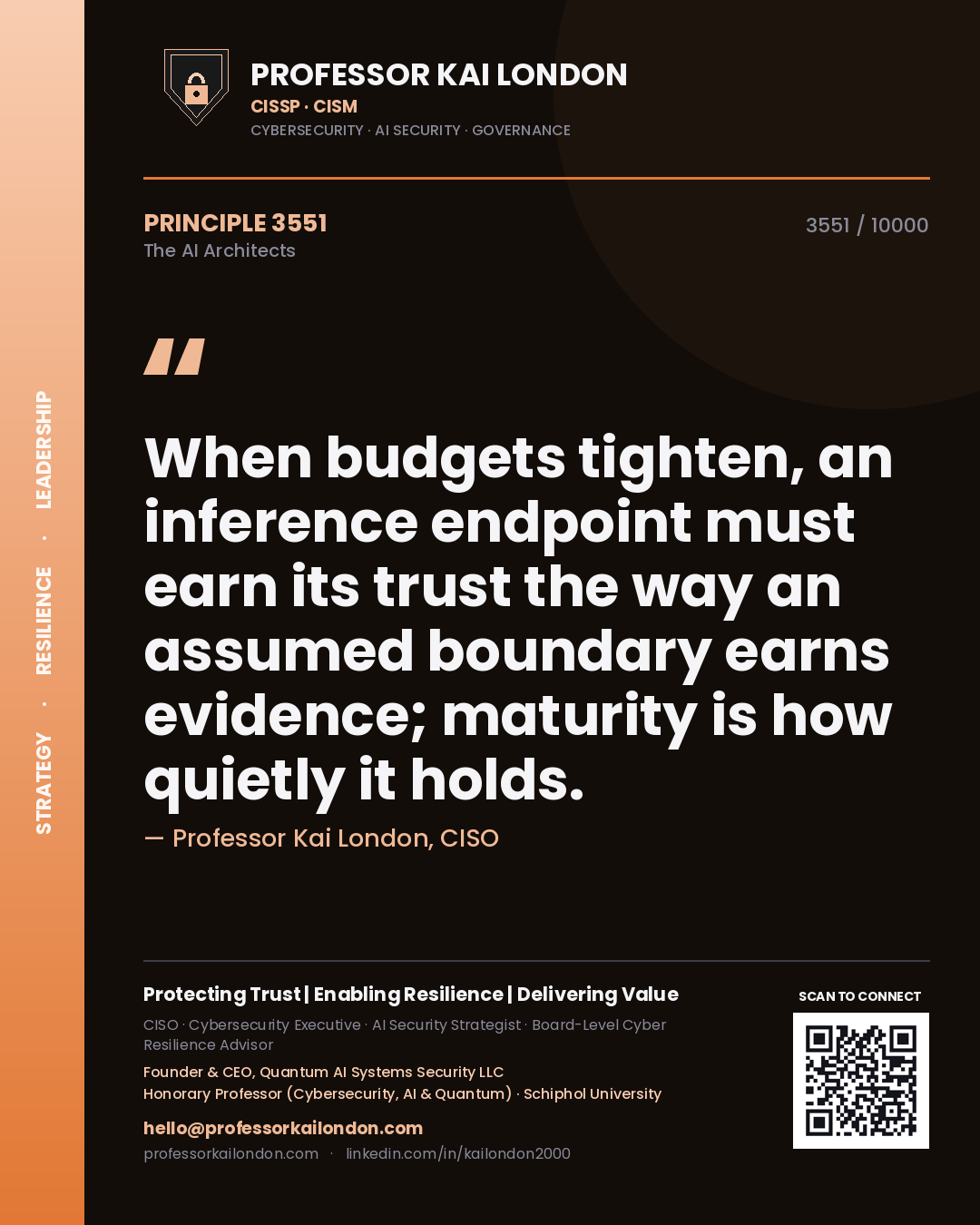 Quote card by Professor Kai London reading 'When budgets tighten, an inference endpoint must earn its trust the way an assumed boundary earns evidence; maturity is how quietly it holds.'. From the book The AI Architects.