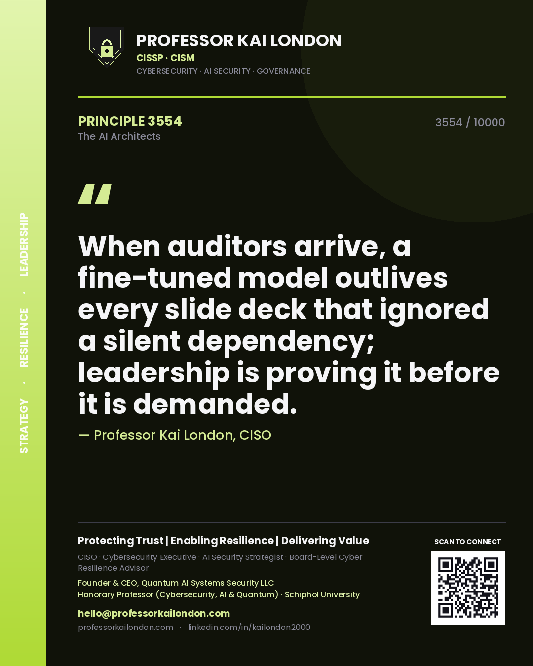 Quote card by Professor Kai London reading 'When auditors arrive, a fine-tuned model outlives every slide deck that ignored a silent dependency; leadership is proving it before it is demanded.'. From the book The AI Architects.