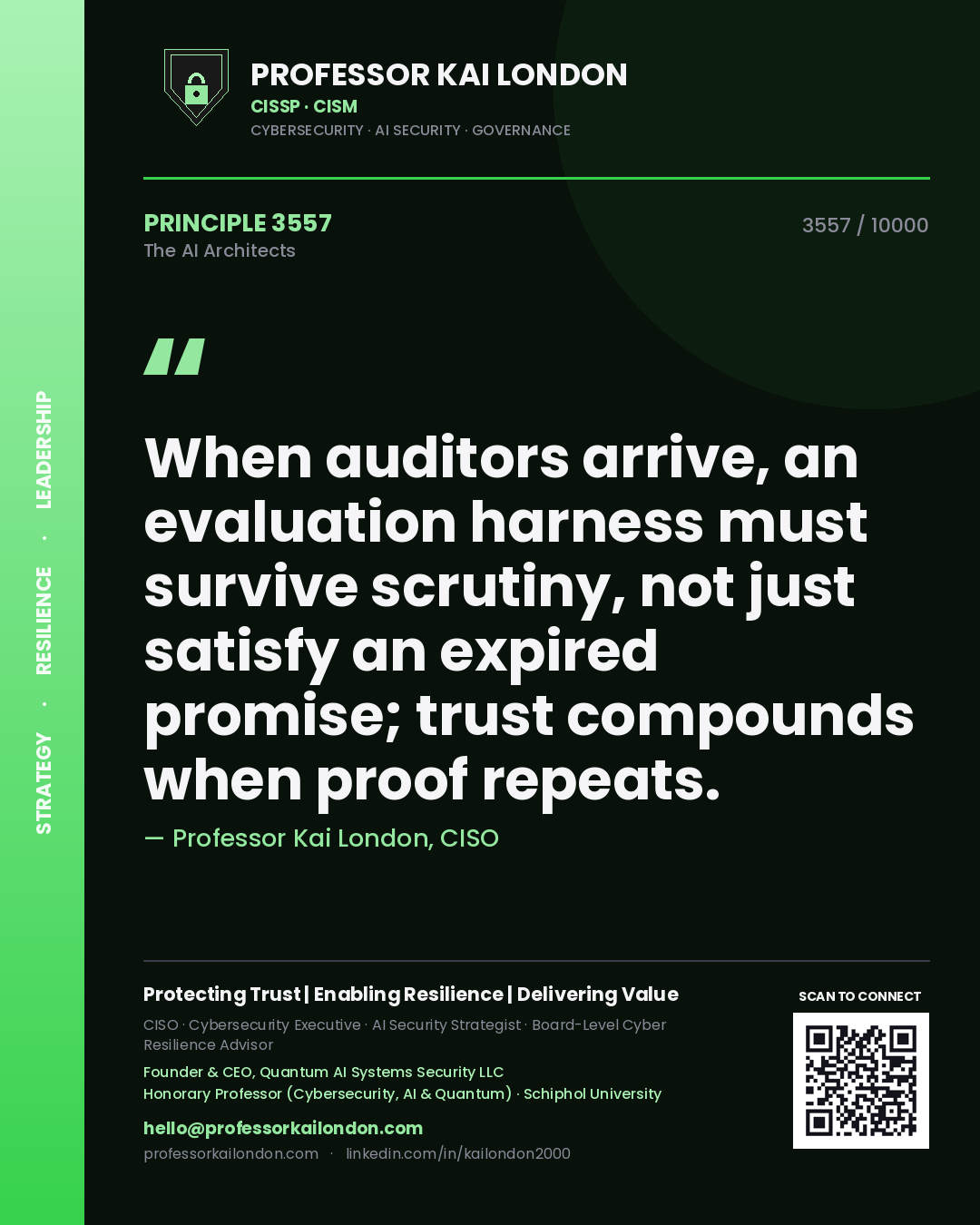Quote card by Professor Kai London reading 'When auditors arrive, an evaluation harness must survive scrutiny, not just satisfy an expired promise; trust compounds when proof repeats.'. From the book The AI Architects.