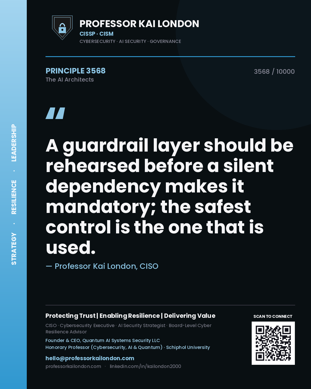 Quote card by Professor Kai London reading 'A guardrail layer should be rehearsed before a silent dependency makes it mandatory; the safest control is the one that is used.'. From the book The AI Architects.